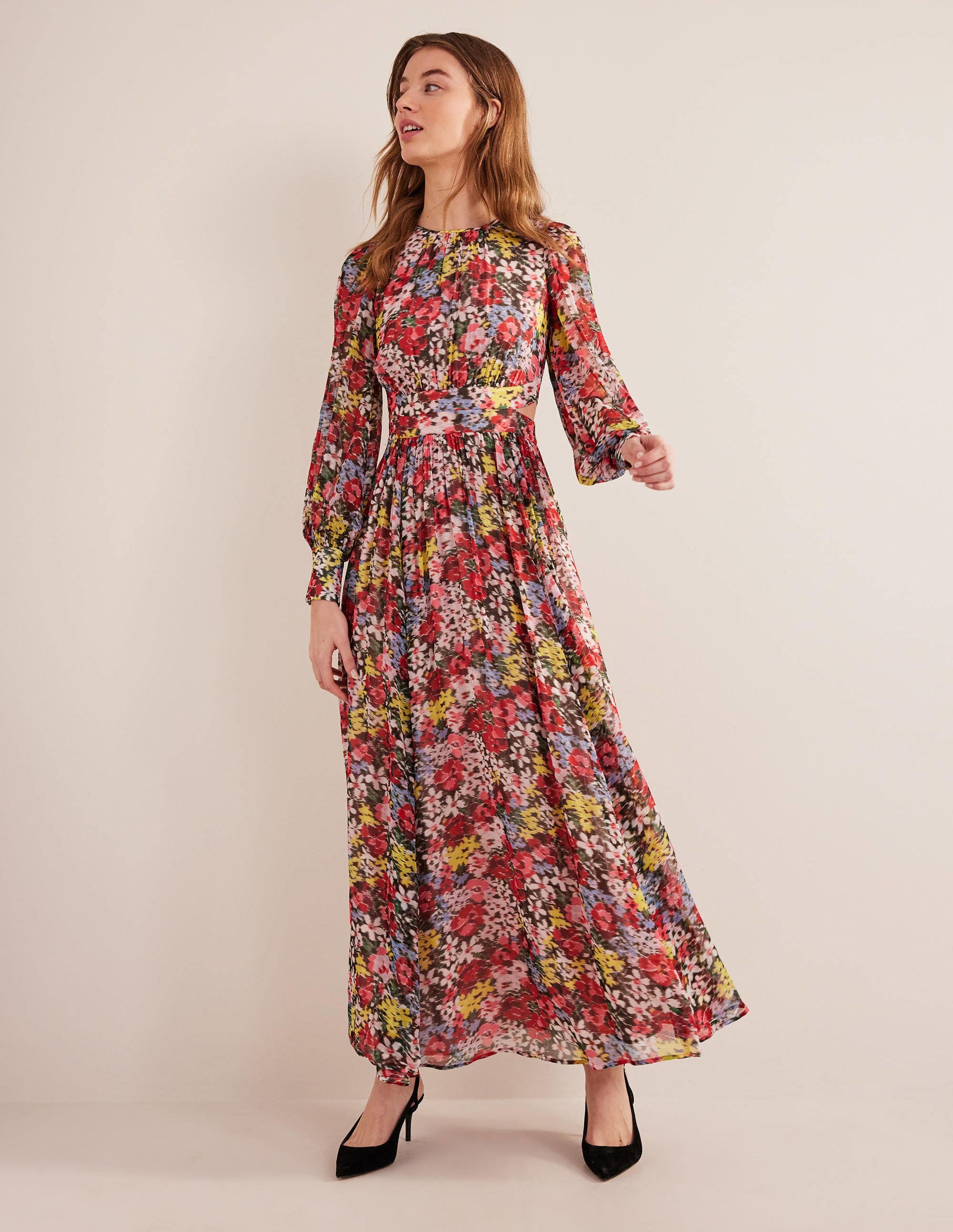 Robe longue avec taille incurvée-Multi, motif Moire Bloom - Image 1