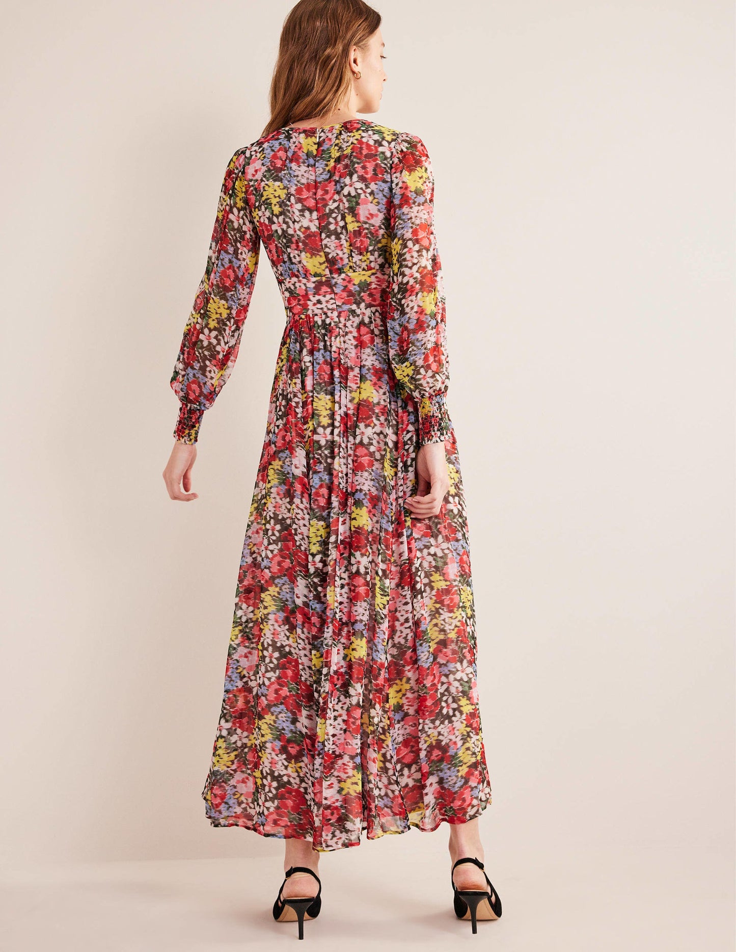 Maxikleid mit geschwungener Taille-Bunt, Moiré-Blüten