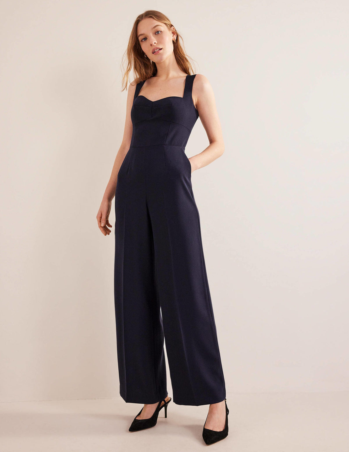 Jumpsuit mit Herzausschnitt und weitem Bein-Marineblau - Image 4