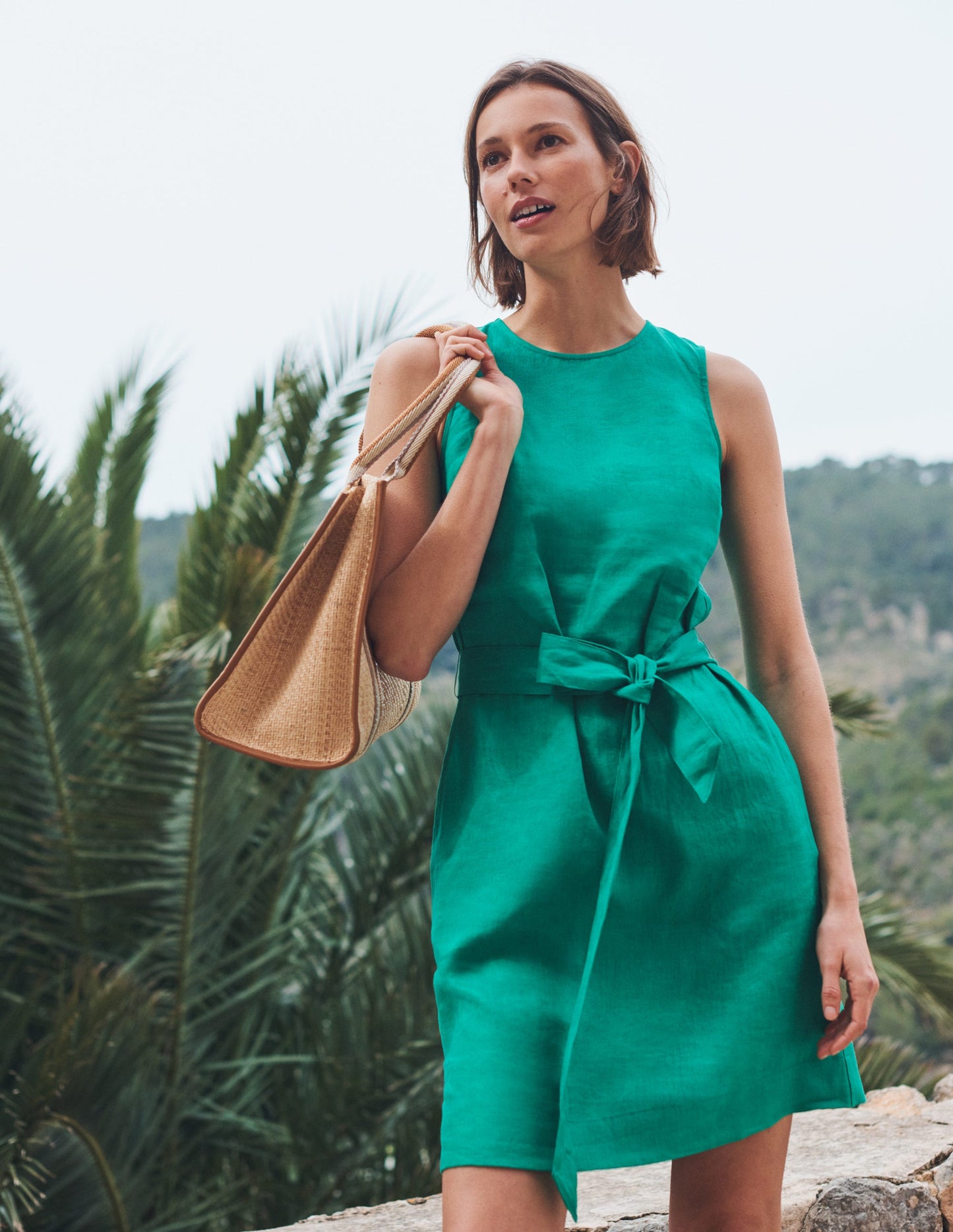 Ärmelloses Leinenkleid-Sattes Smaragdgrün