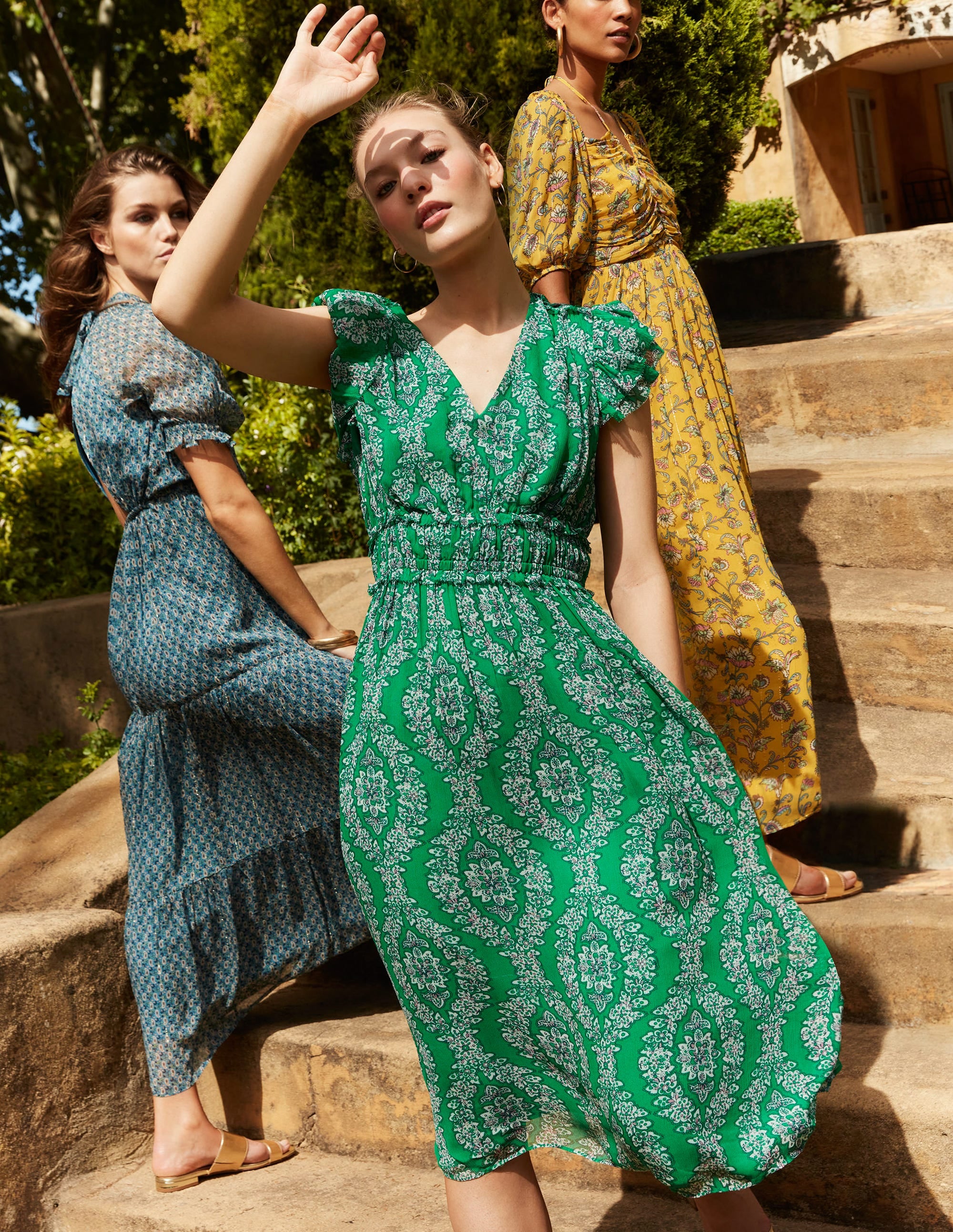 Robe midi avec taille froncée-Émeraude profond, motif Botanic Wreath - Image 7