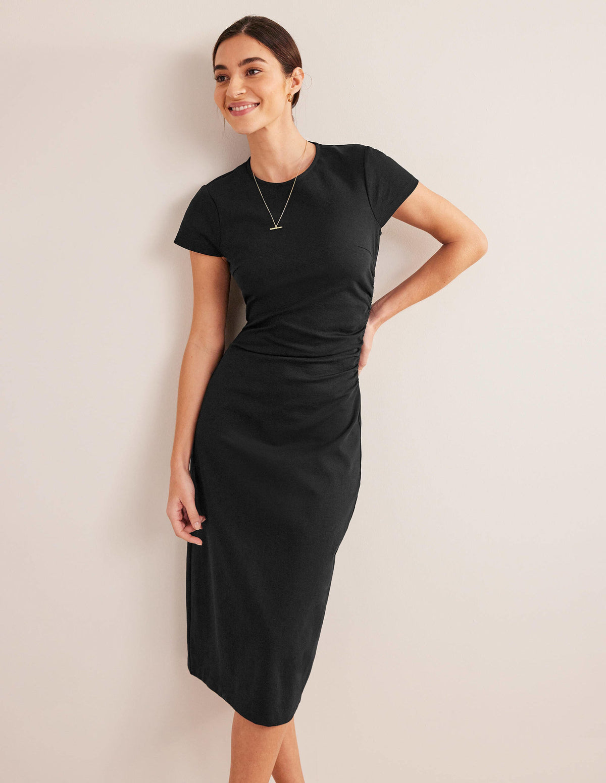 Seitlich gerafftes Midikleid aus Jersey-Schwarz - Image 1