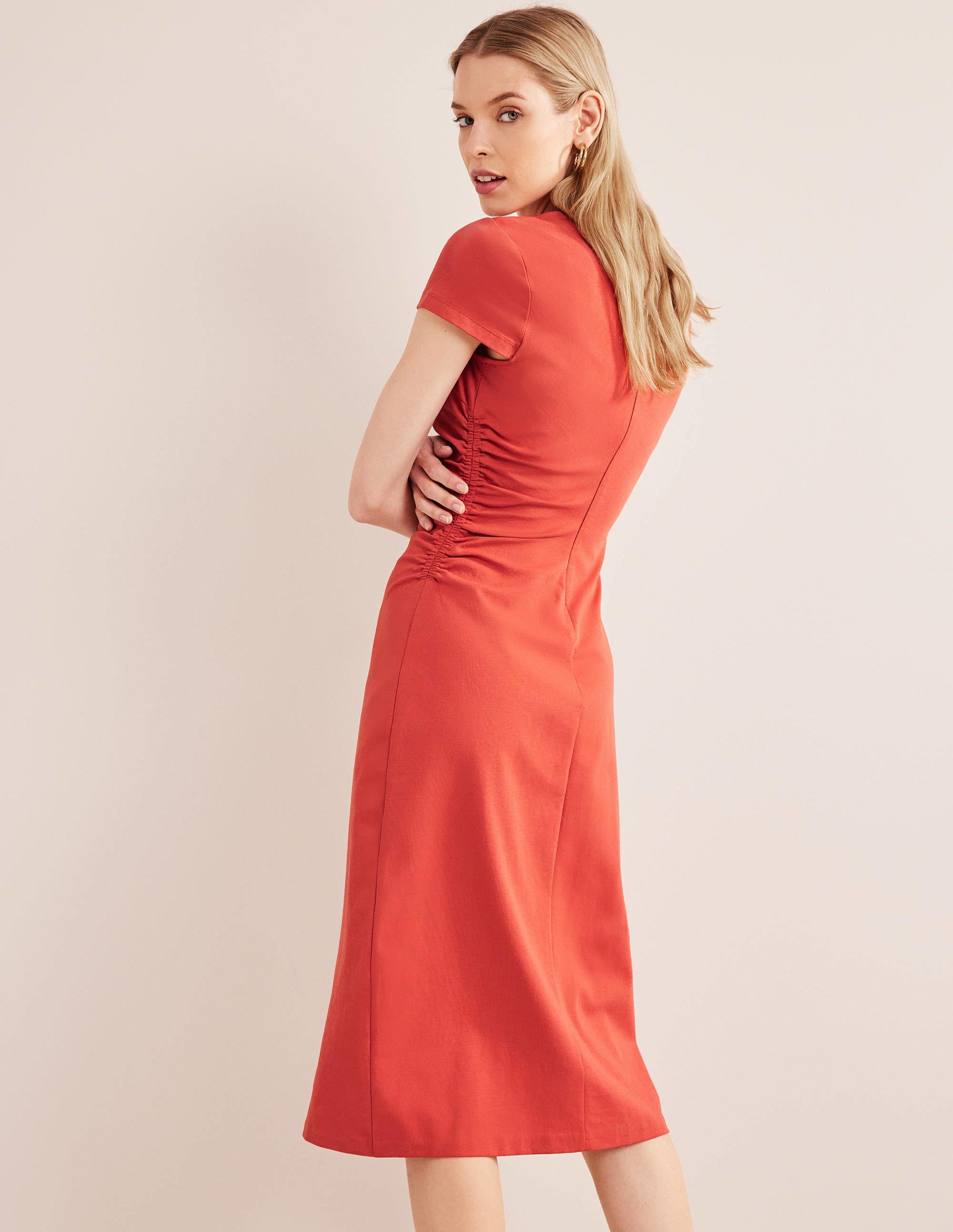 Side Ruched Jersey Midi Dress-Tomato - Image 3