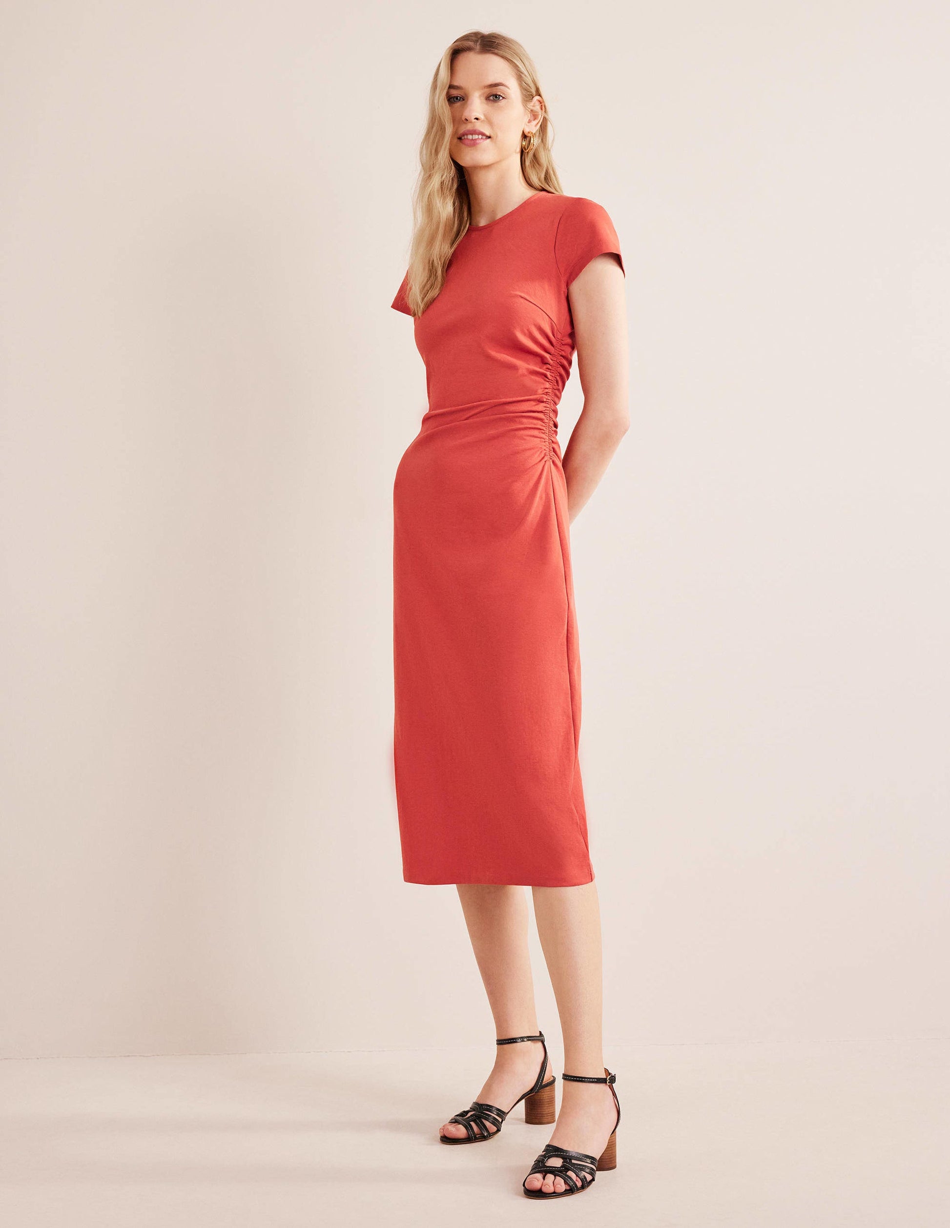 Side Ruched Jersey Midi Dress-Tomato-4