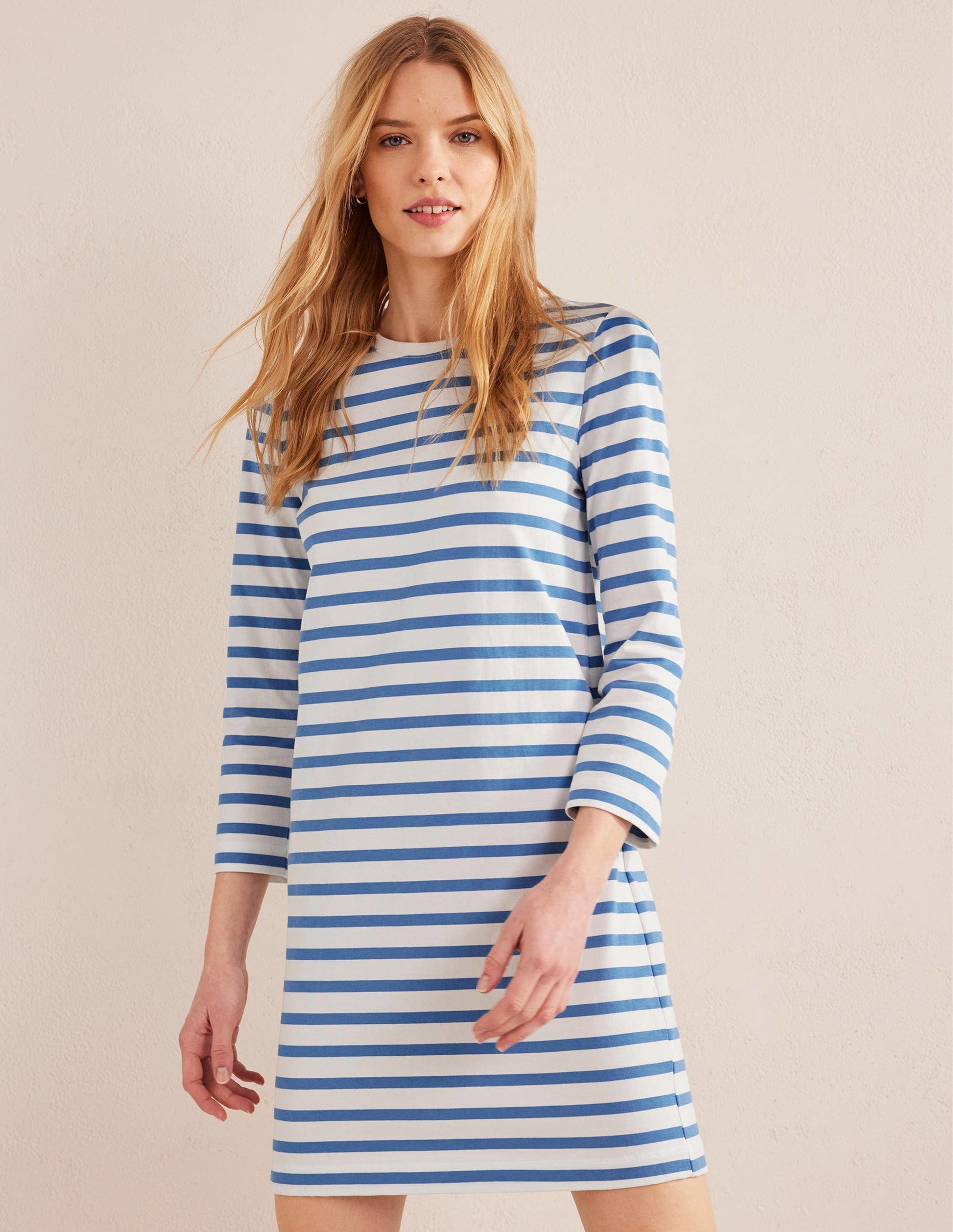 Mini-T-Shirt-Kleid aus Jersey-Naturweiß/Blau, Gestreift-1