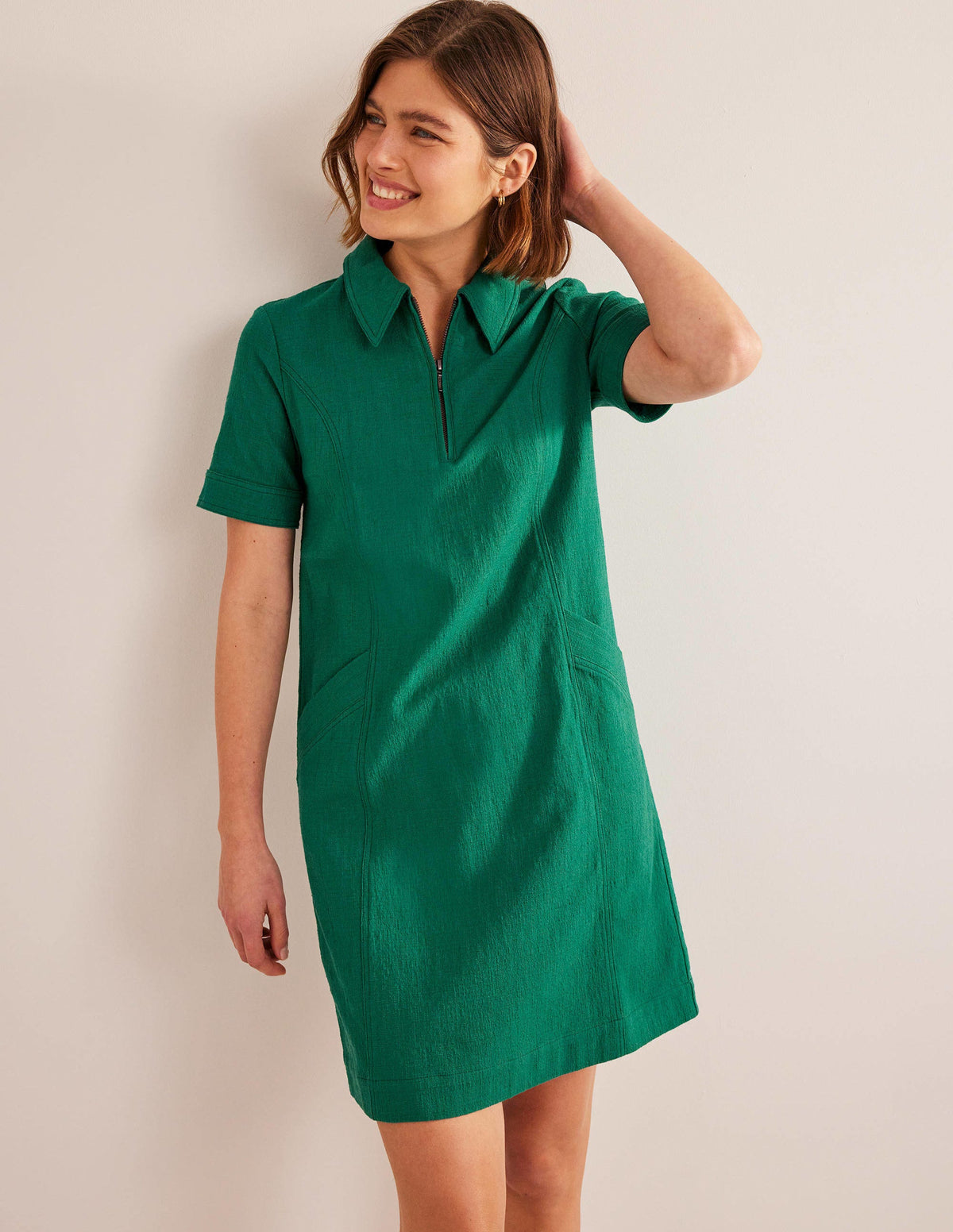 Zip Detail Mini Shift Dress-Bottle Green - Image 1