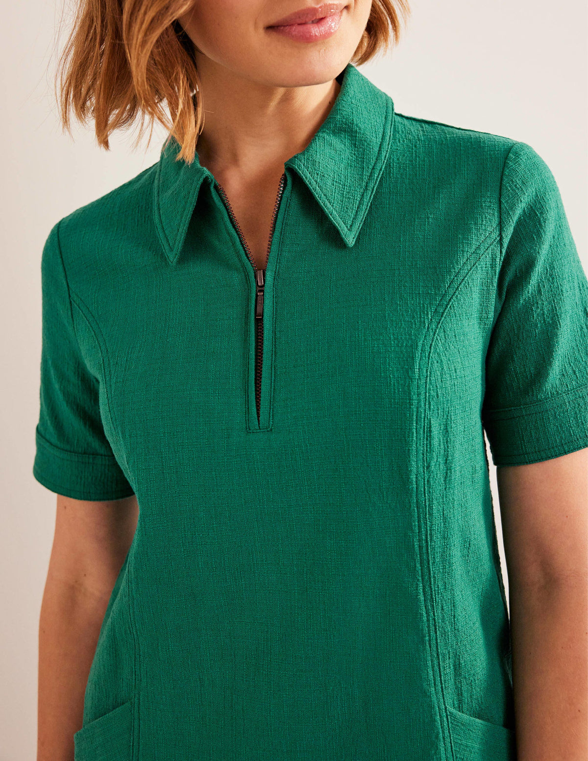 Zip Detail Mini Shift Dress-Bottle Green - Image 2