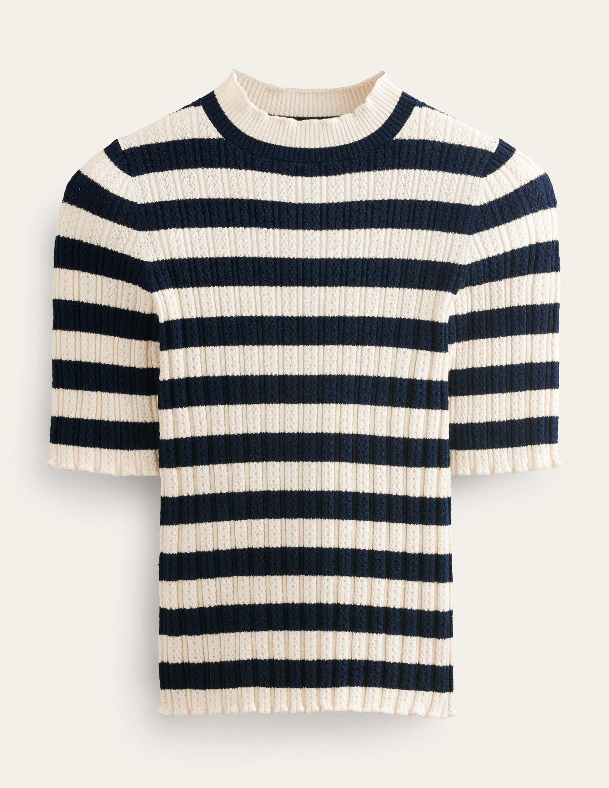 Ribbed Pointelle High Neck Top-Navy, Ivory Stripe-5
