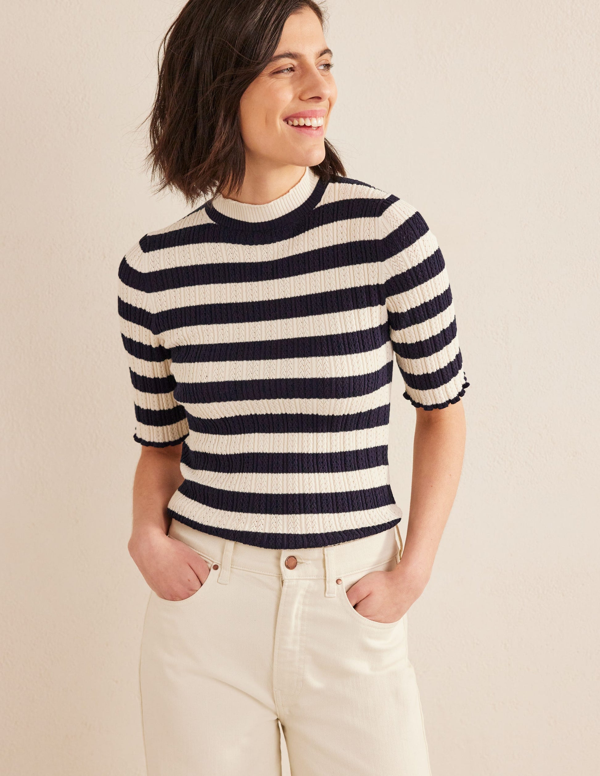 Ribbed Pointelle High Neck Top-Navy, Ivory Stripe-1