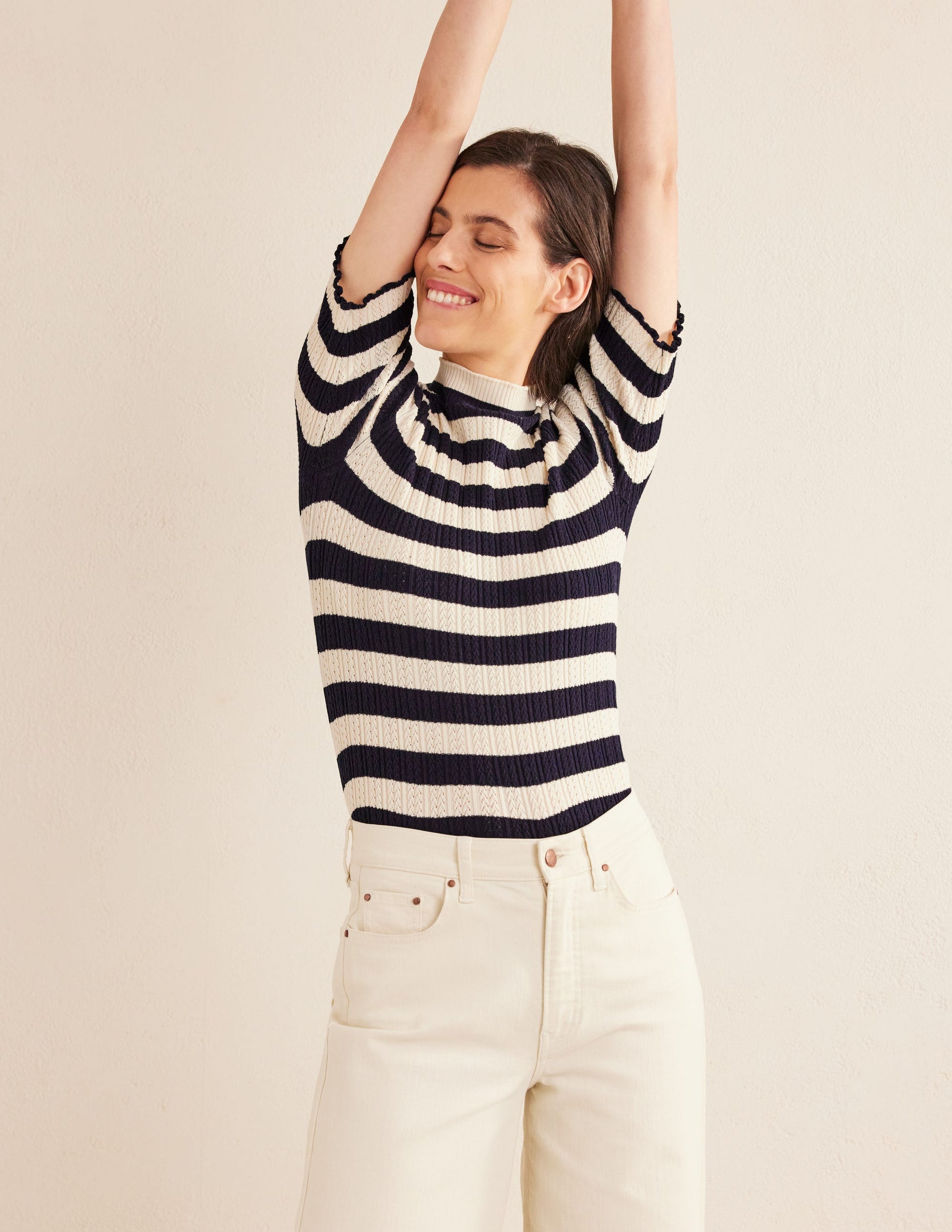 Ribbed Pointelle High Neck Top-Navy, Ivory Stripe-4