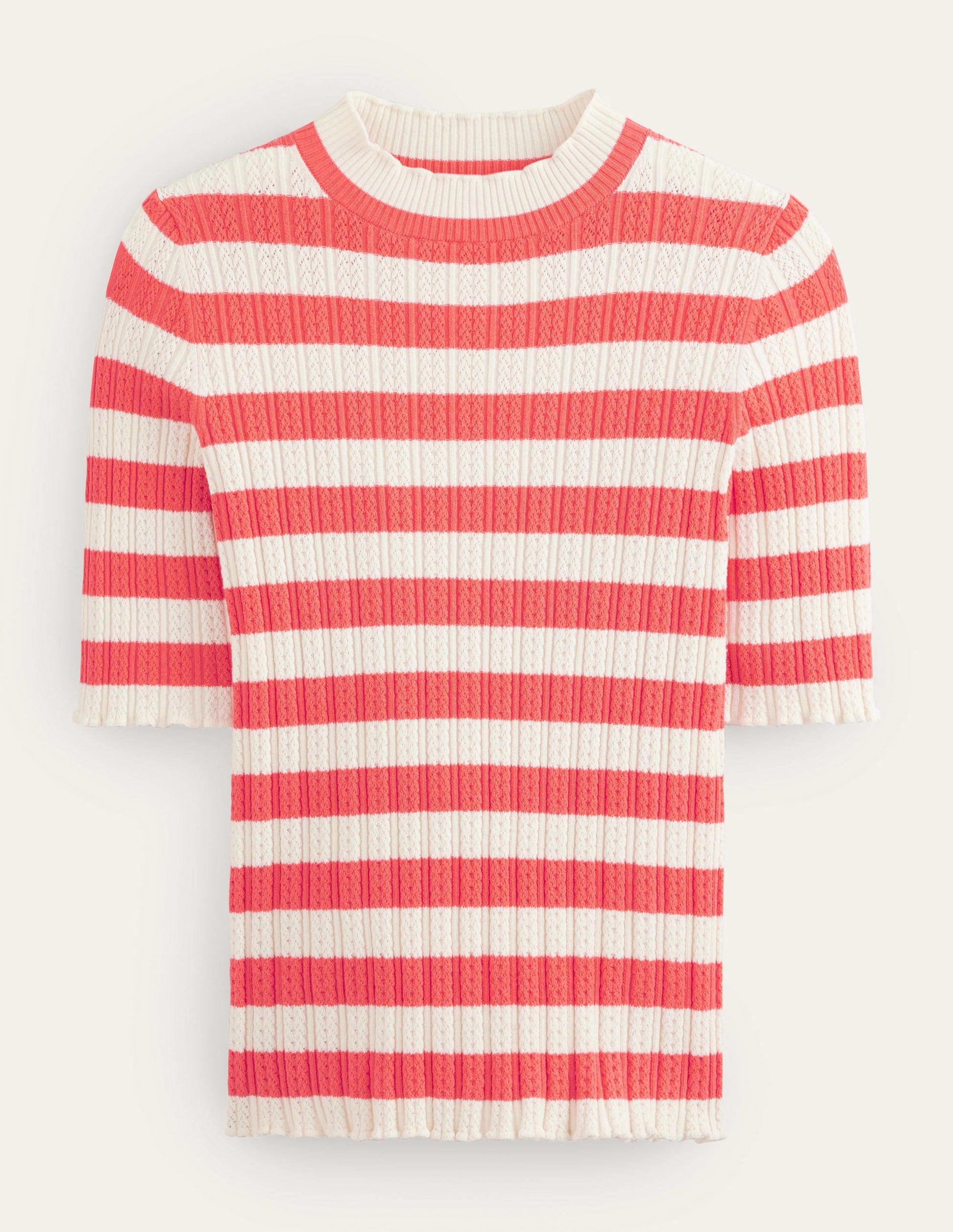 Geripptes T-Shirt mit hohem Kragen-Helles Wassermelonenrot, Gestreift-5