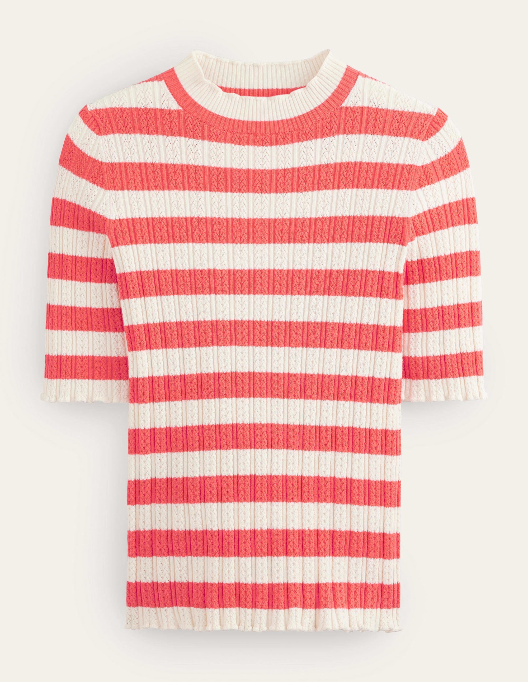 Geripptes T-Shirt mit hohem Kragen-Helles Wassermelonenrot, Gestreift - Image 5