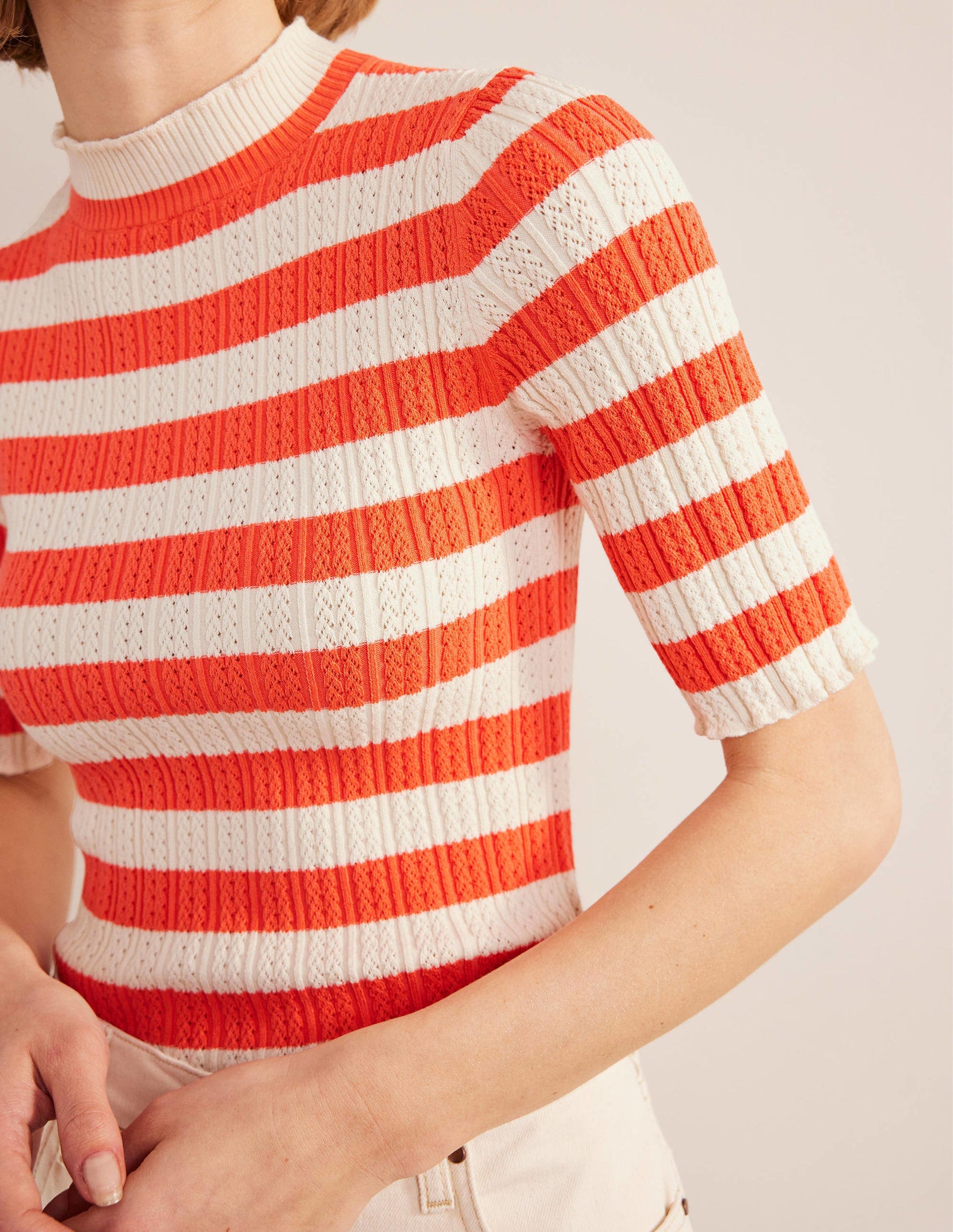 Geripptes T-Shirt mit hohem Kragen-Helles Wassermelonenrot, Gestreift-2
