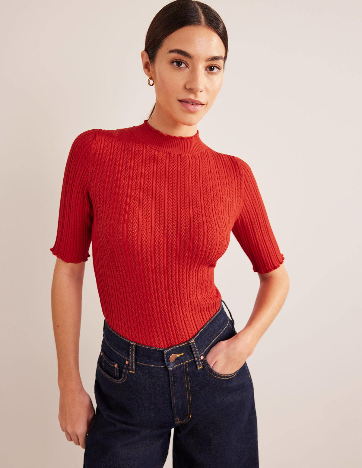 Geripptes T-Shirt mit hohem Kragen-Tomatenrot-1