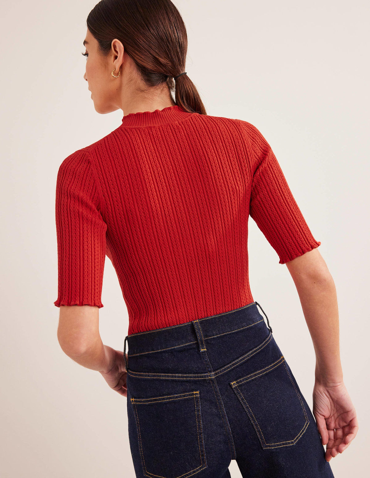 Geripptes T-Shirt mit hohem Kragen-Tomatenrot-3