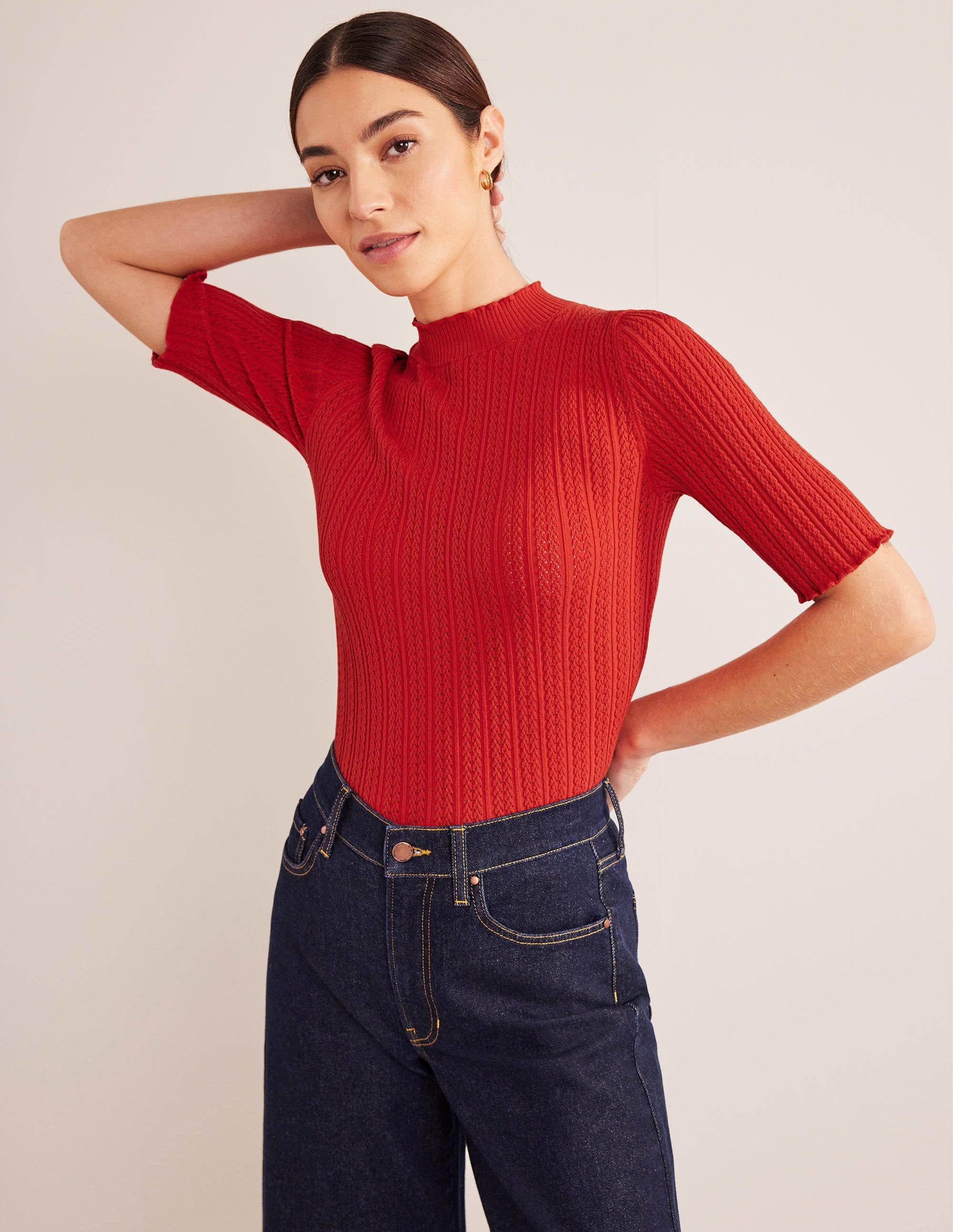 Geripptes T-Shirt mit hohem Kragen-Tomatenrot - Image 4