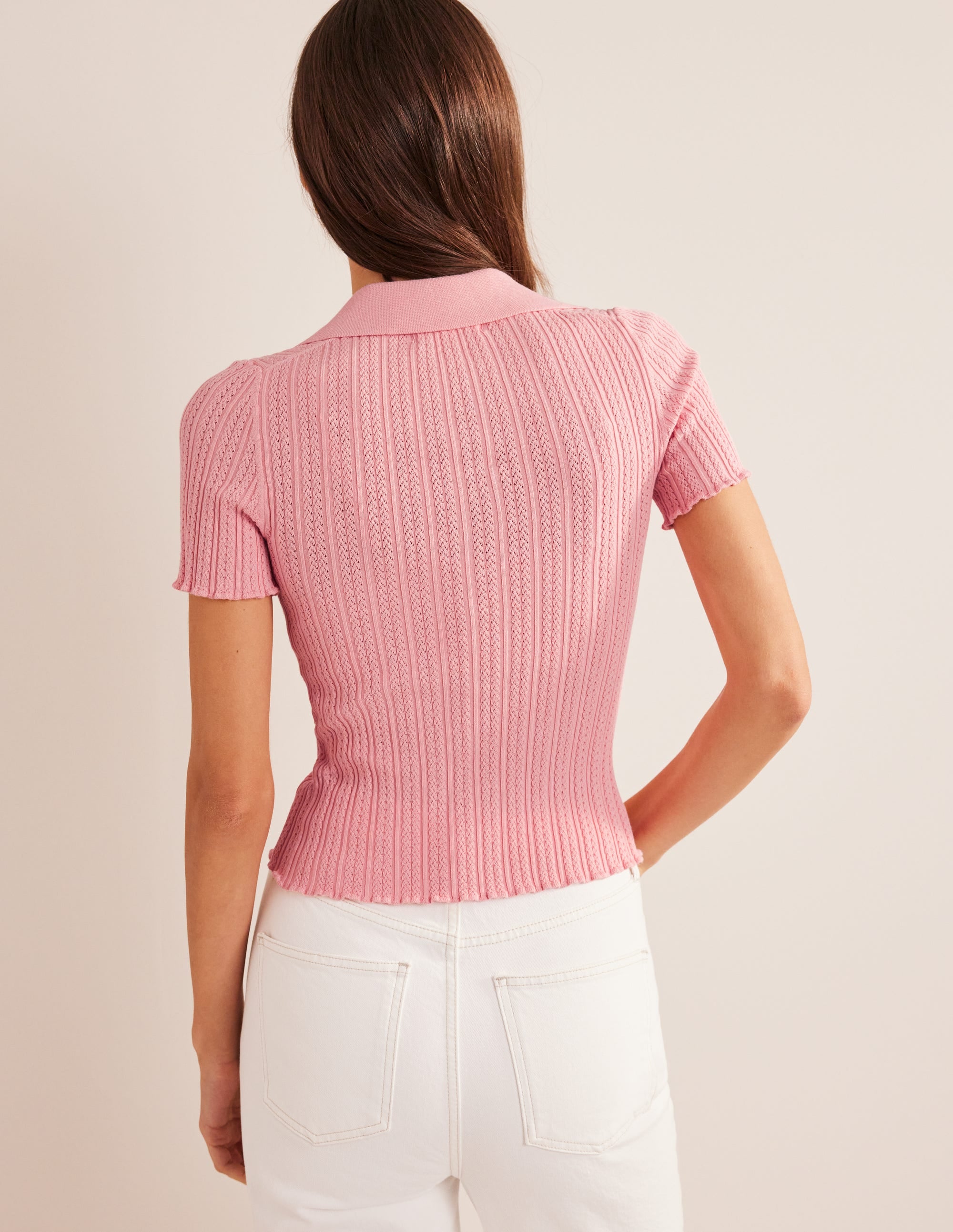 Ribbed Pointelle Collared Top-Dahlia Pink - Image 3
