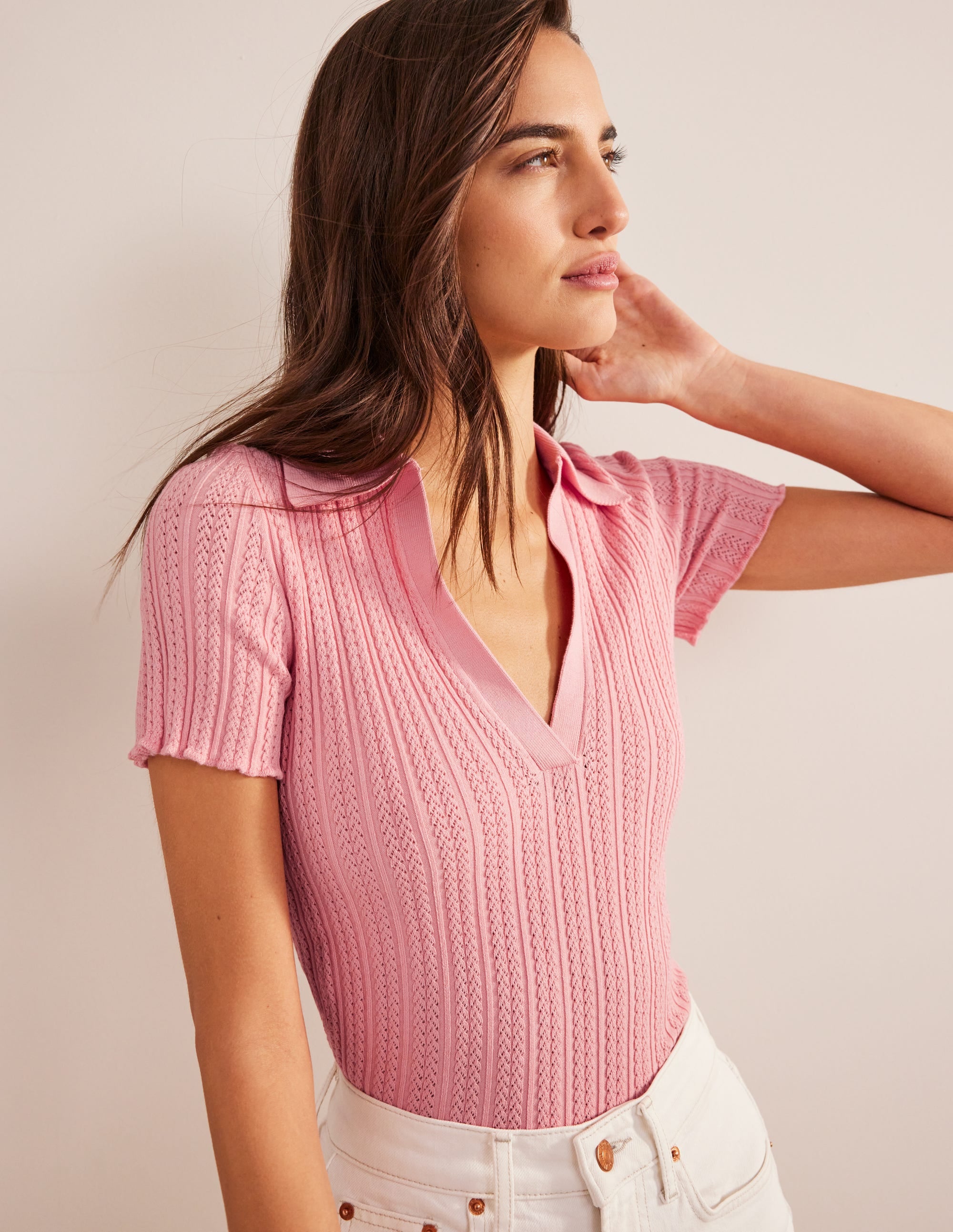 Ribbed Pointelle Collared Top-Dahlia Pink - Image 4