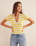 Ribbed Pointelle Collared Top-Sweet Honeycomb, Ivory Stripe