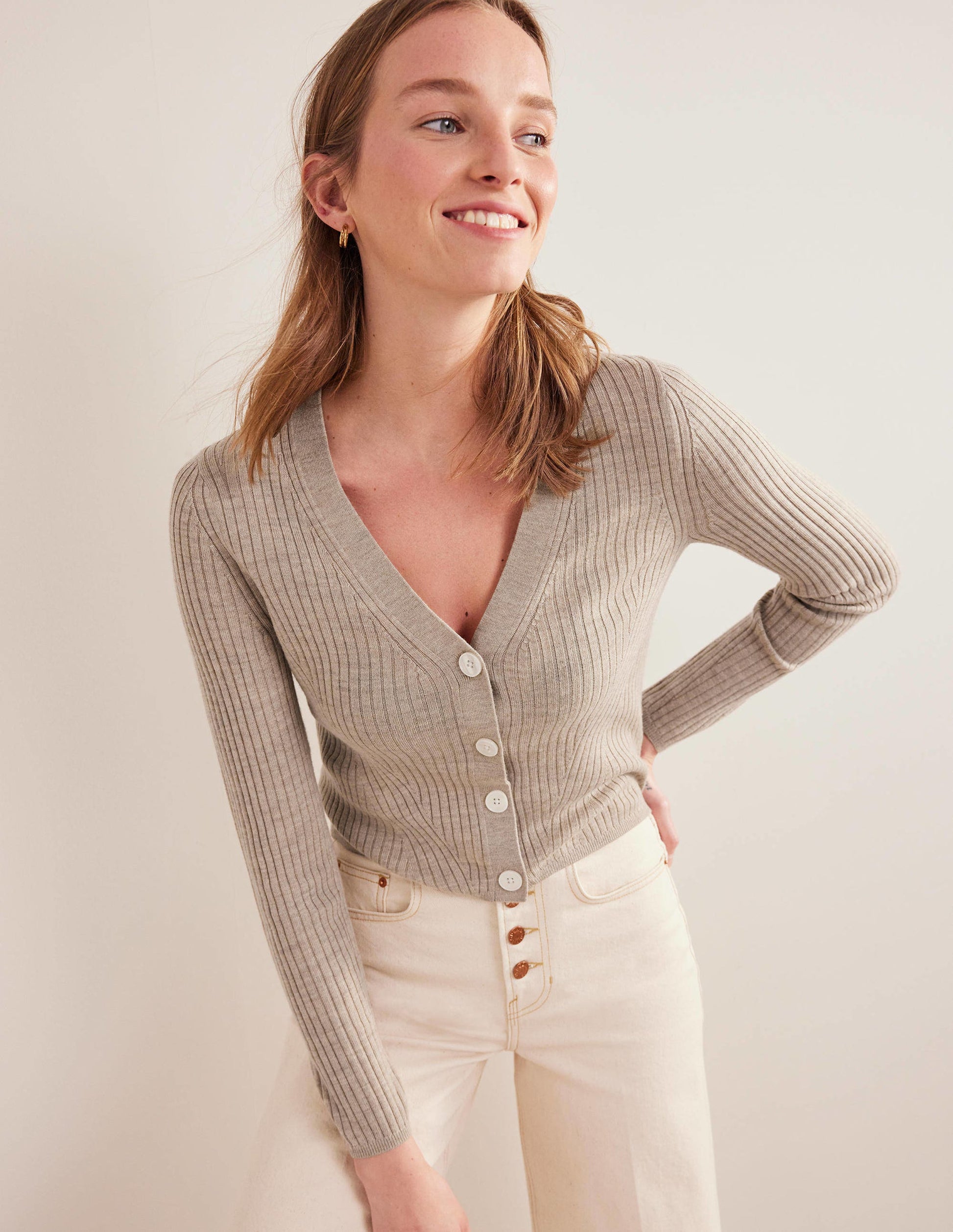 Ribbed Merino V Cardigan-Chinchilla Melange-1