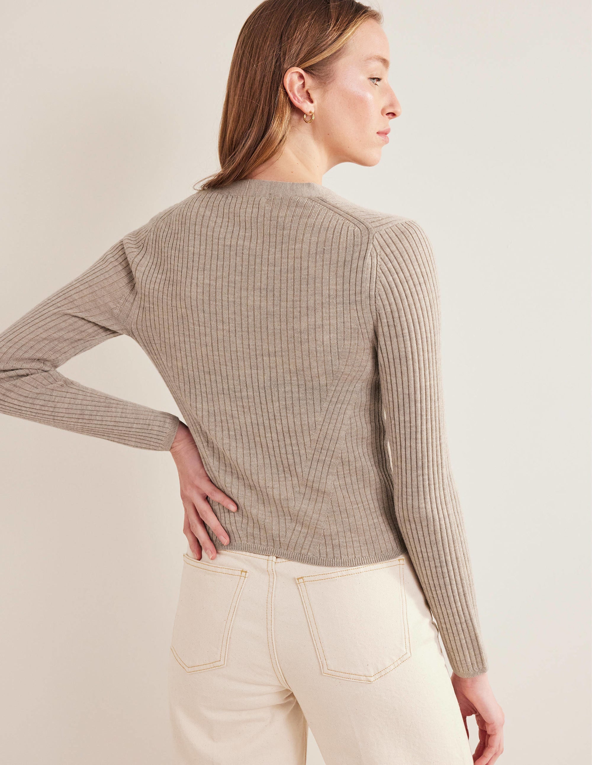 Ribbed Merino V Cardigan-Chinchilla Melange - Image 3