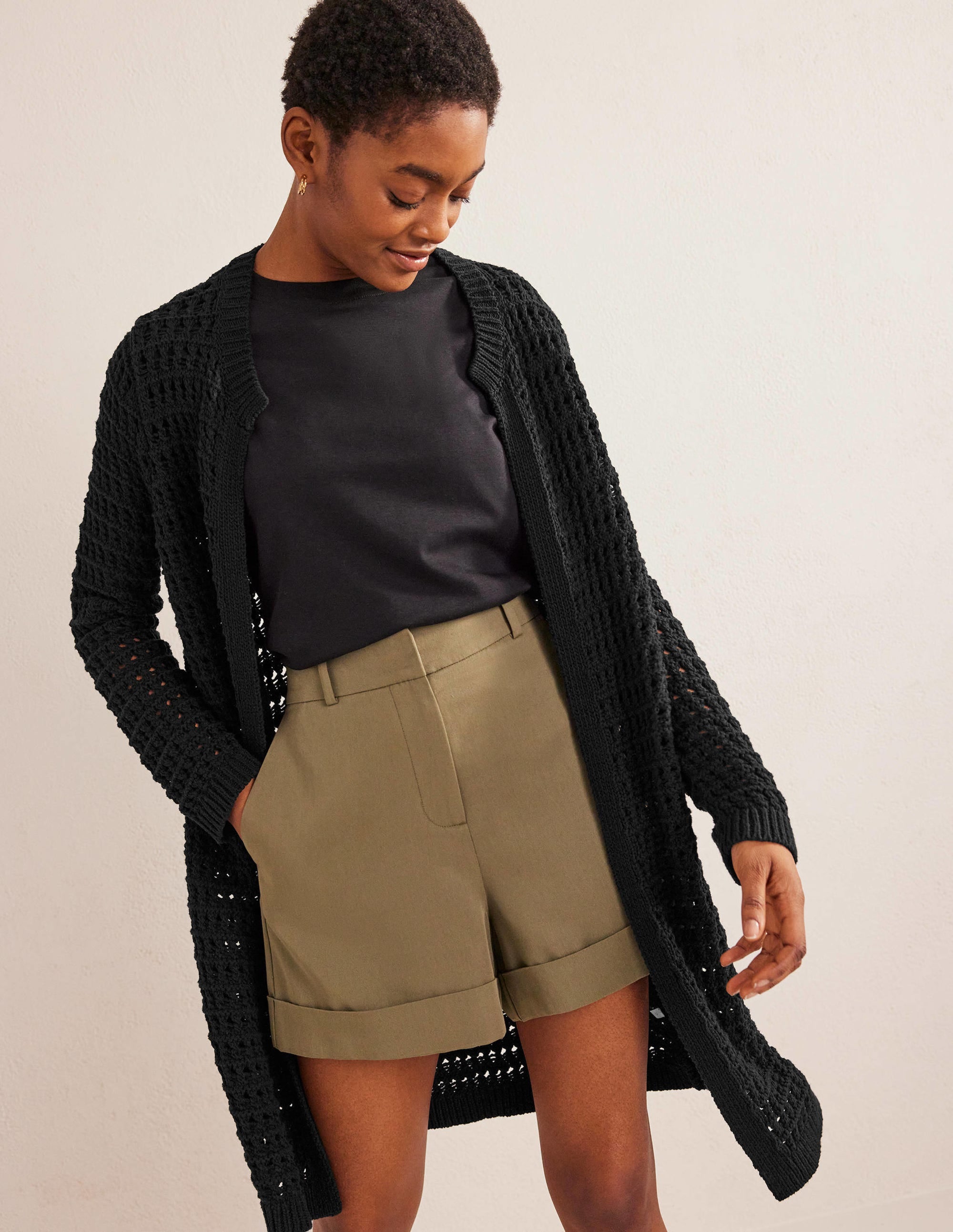 Manteau façon gilet en crochet-Noir - Image 1