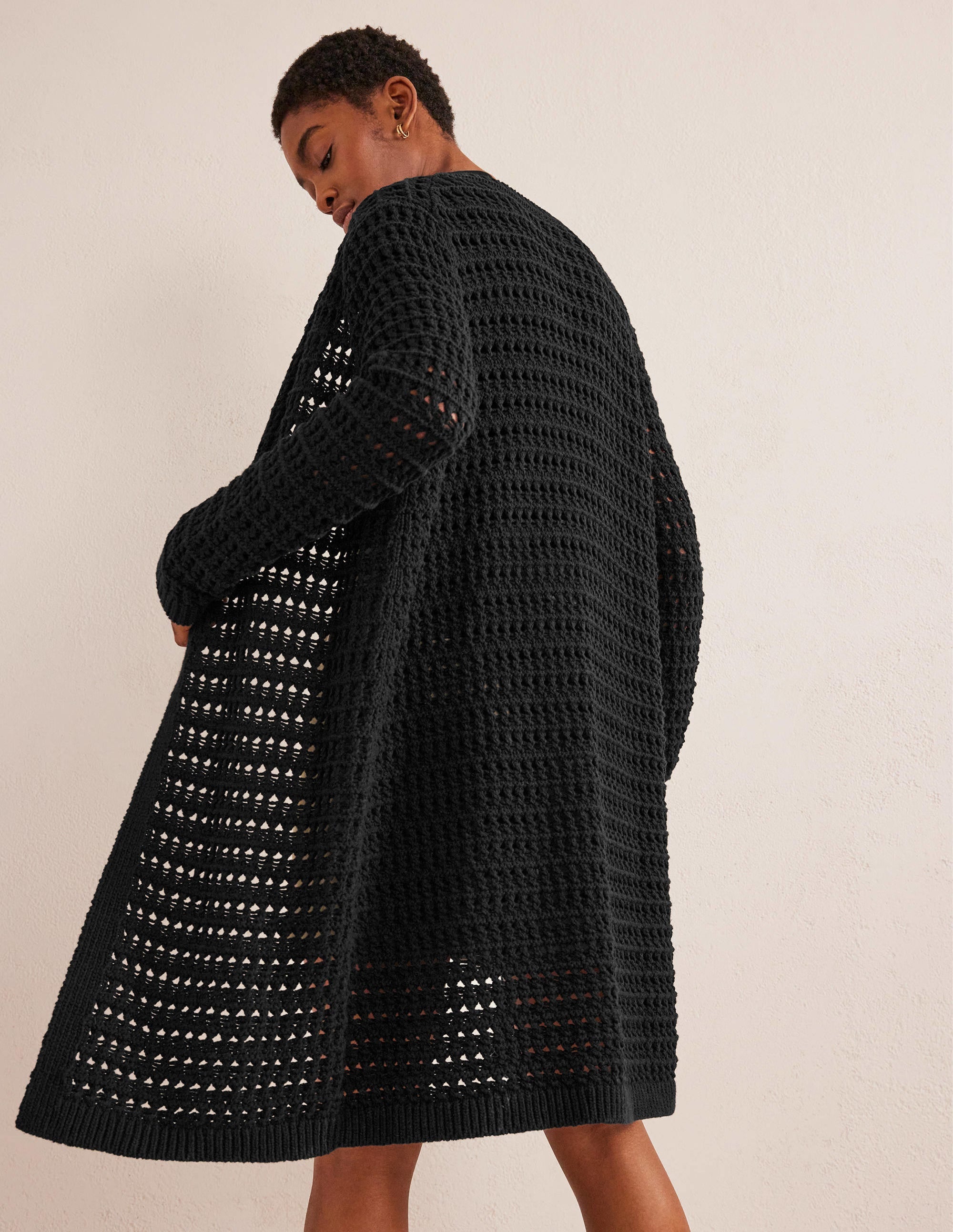 Manteau façon gilet en crochet-Noir - Image 3