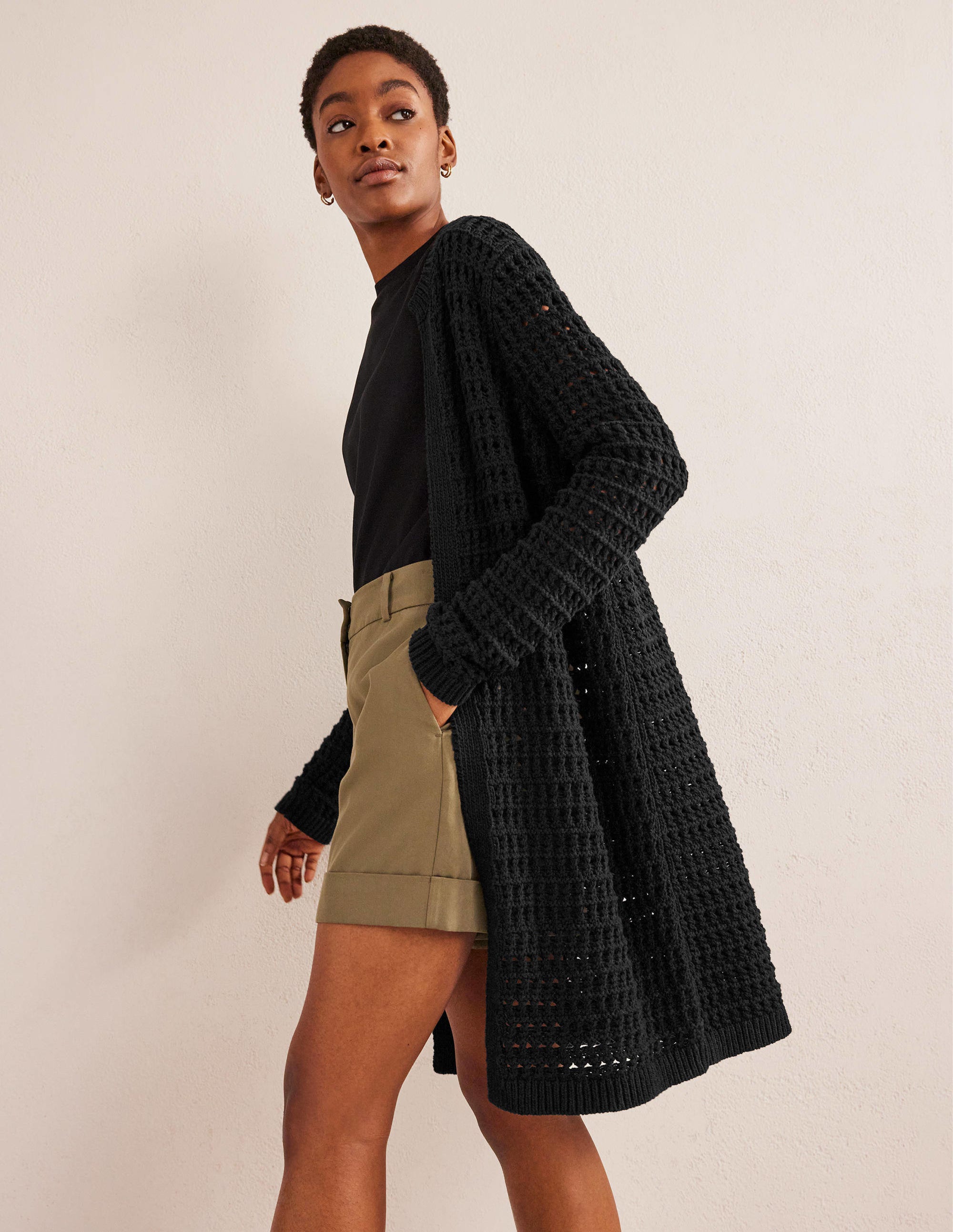 Manteau façon gilet en crochet-Noir - Image 4