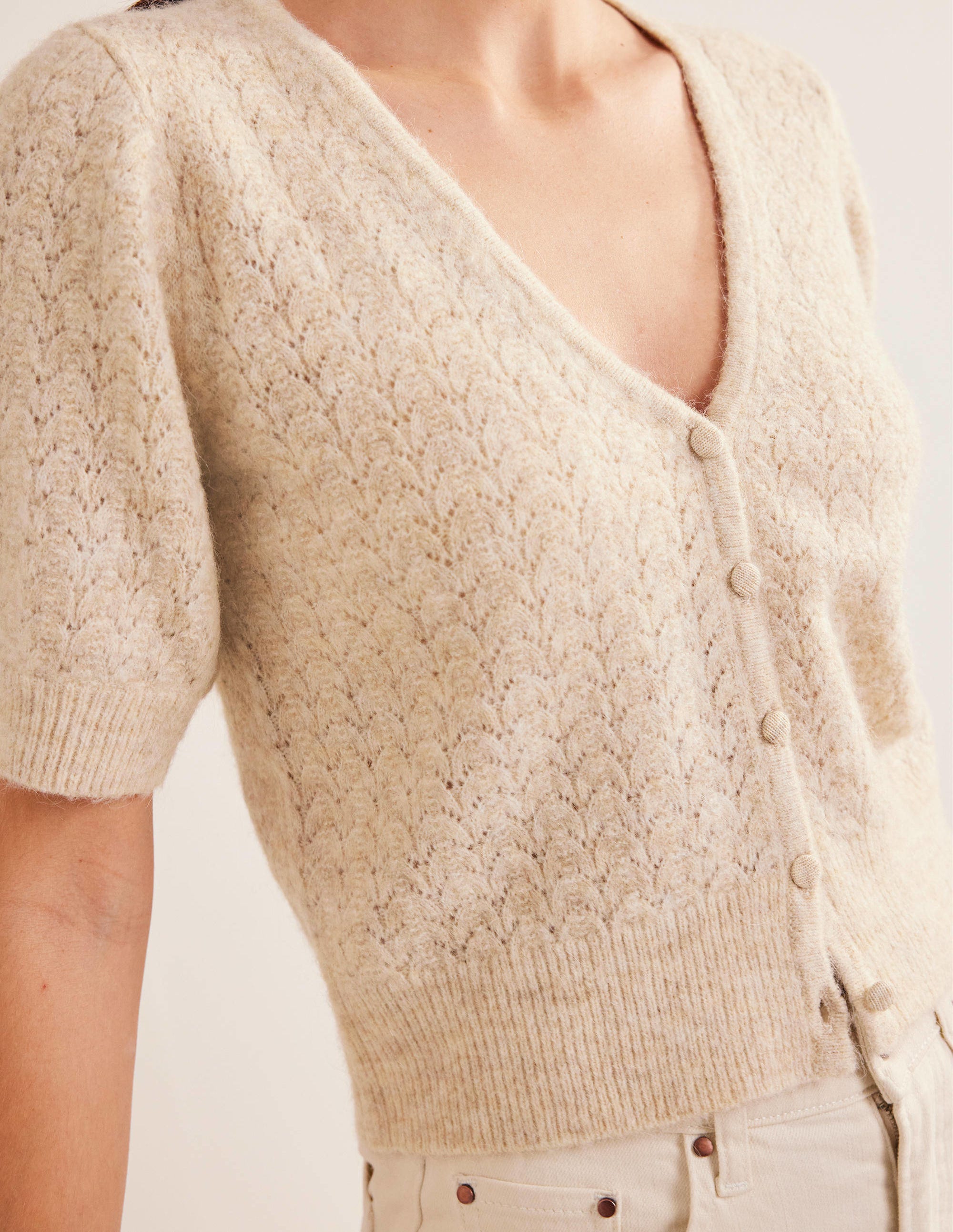 Pointelle-Cardigan-Hellbeige Melange - Image 2