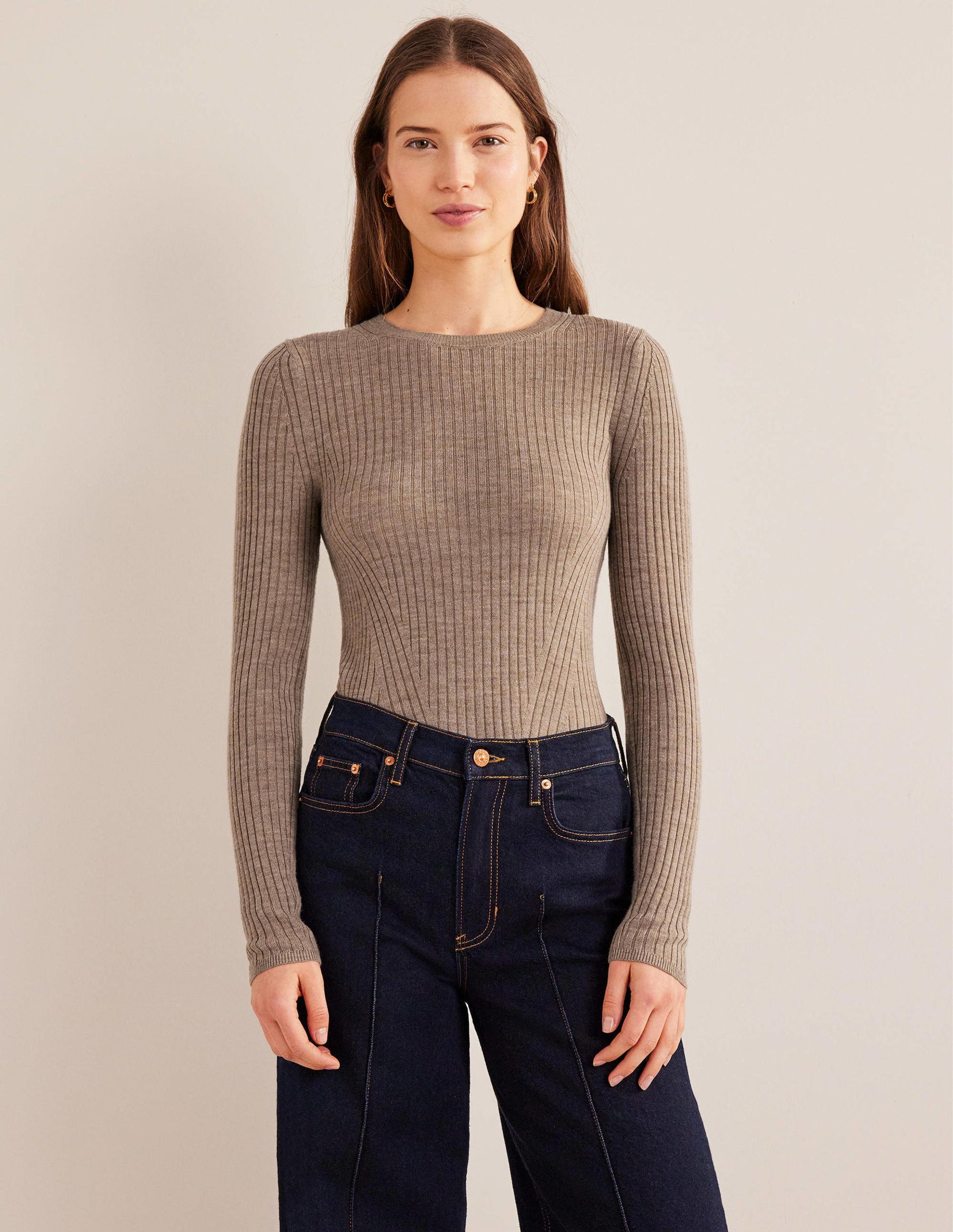 Ribbed Merino Jumper-Dark Mink Melange-1