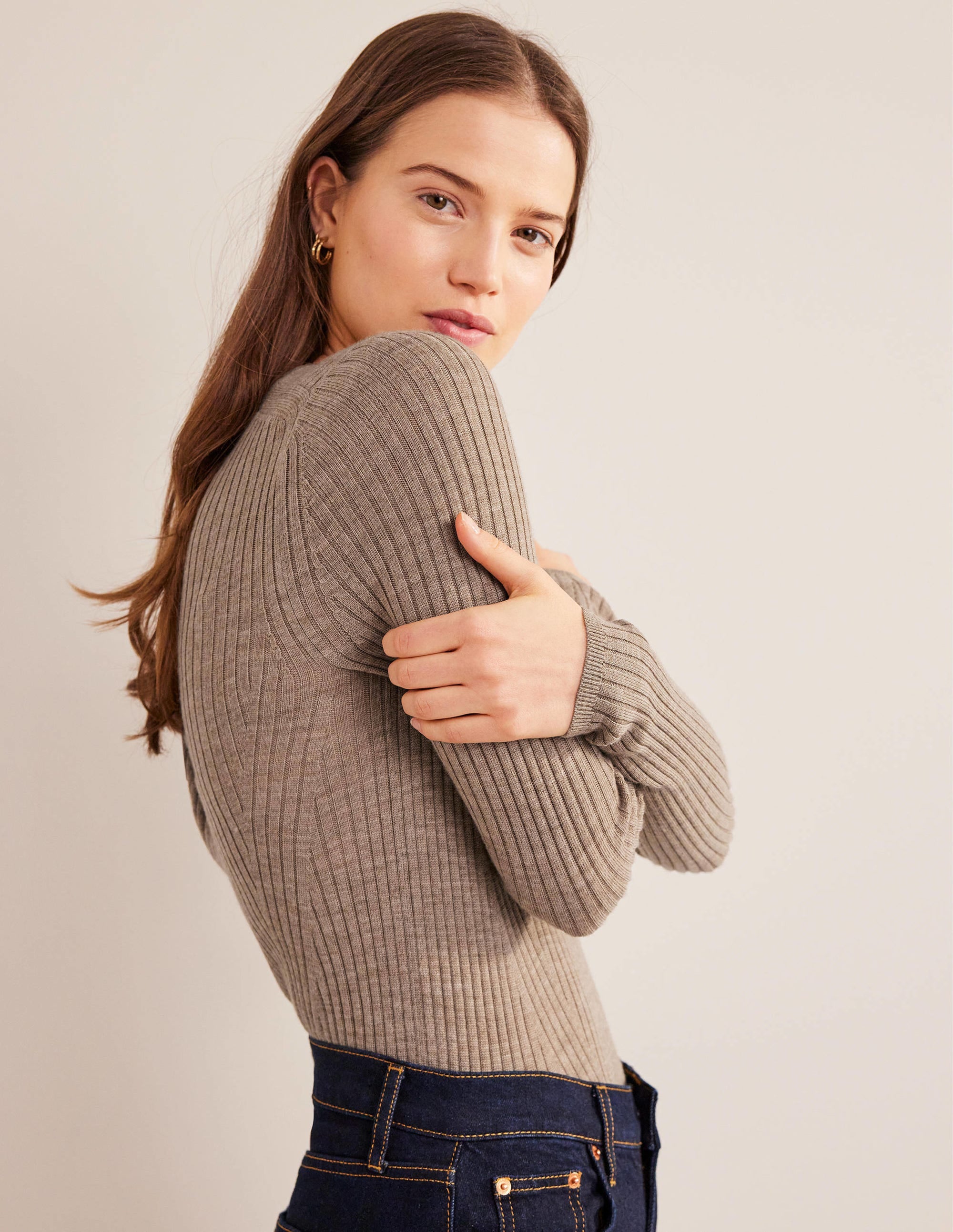 Ribbed Merino Jumper-Dark Mink Melange - Image 4
