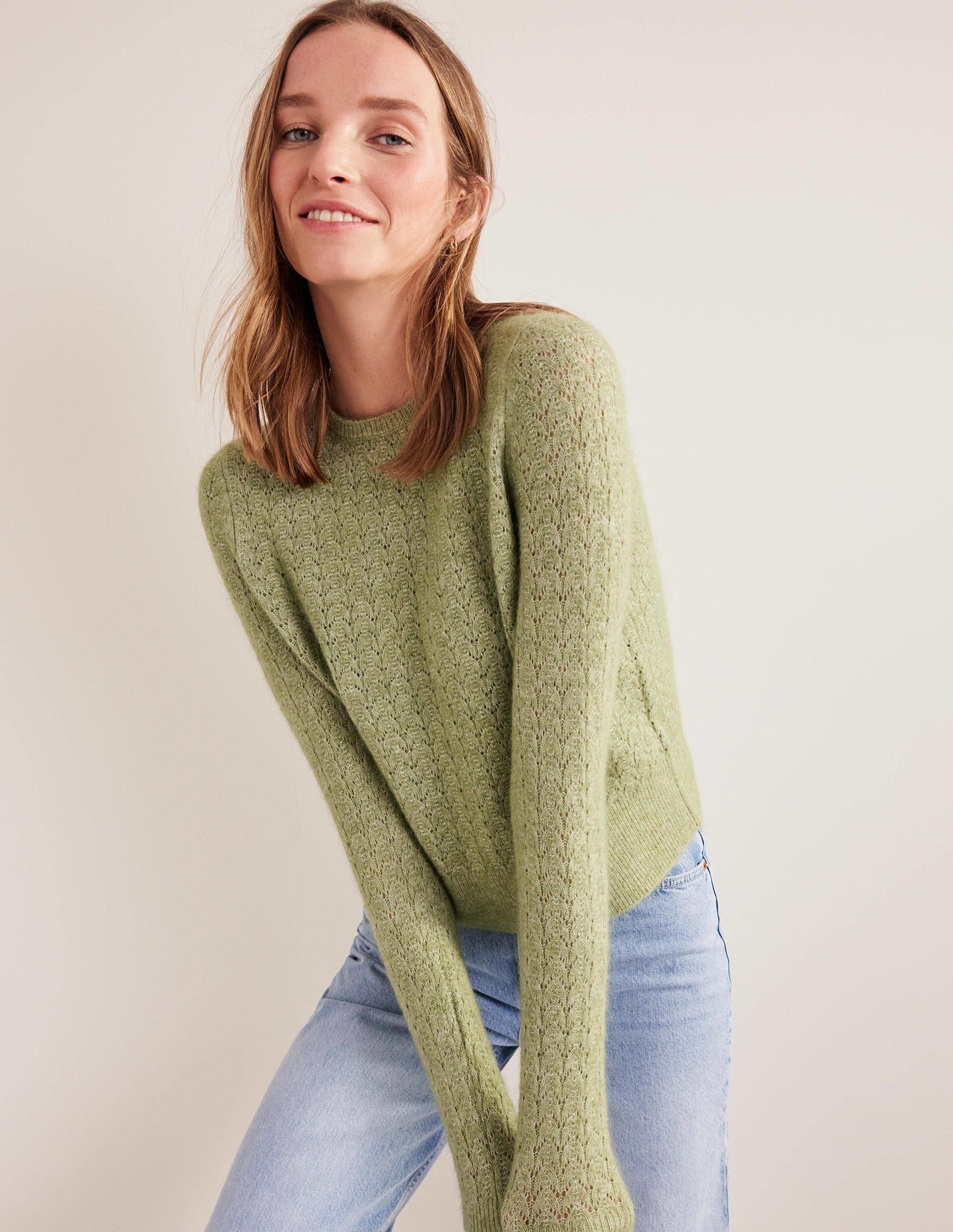 Flauschiger Pointelle-Pullover-Steingrün - Image 1