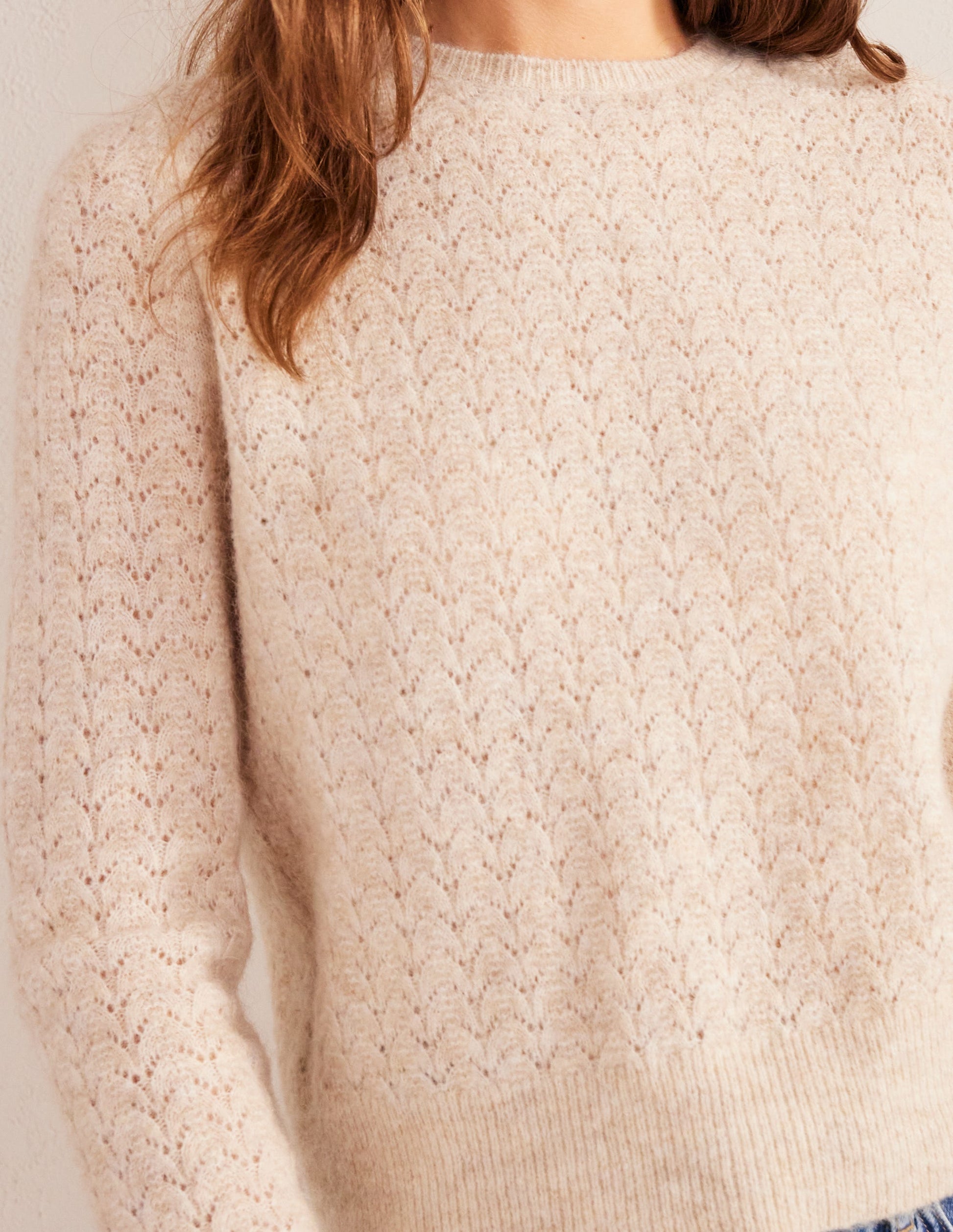 Flauschiger Pointelle-Pullover-Hellbeige Melange-2