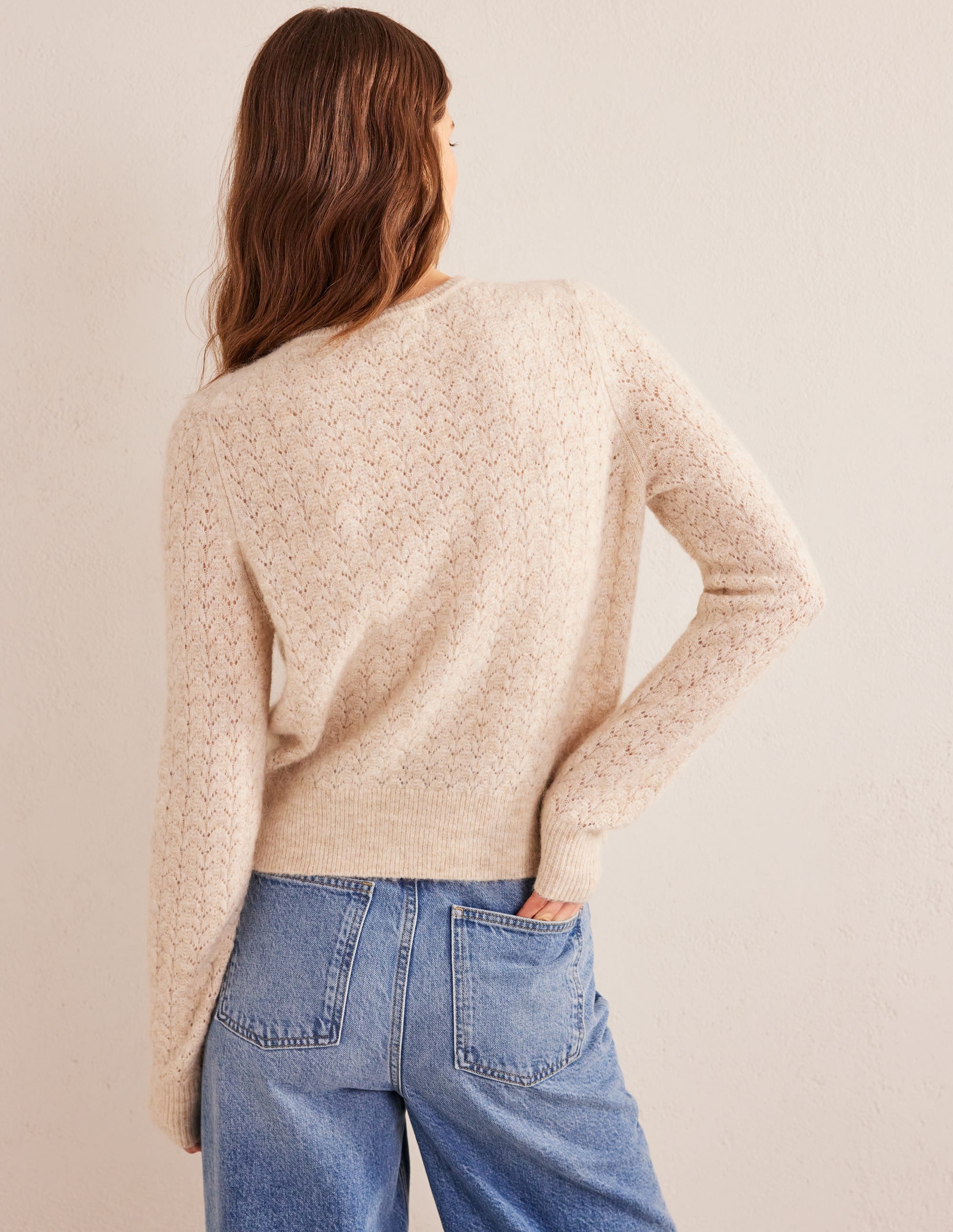 Flauschiger Pointelle-Pullover-Hellbeige Melange - Image 3