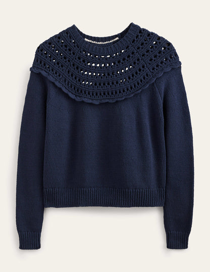 Pullover mit Häkelpasse-Marineblau