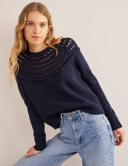 Pullover mit Häkelpasse-Marineblau