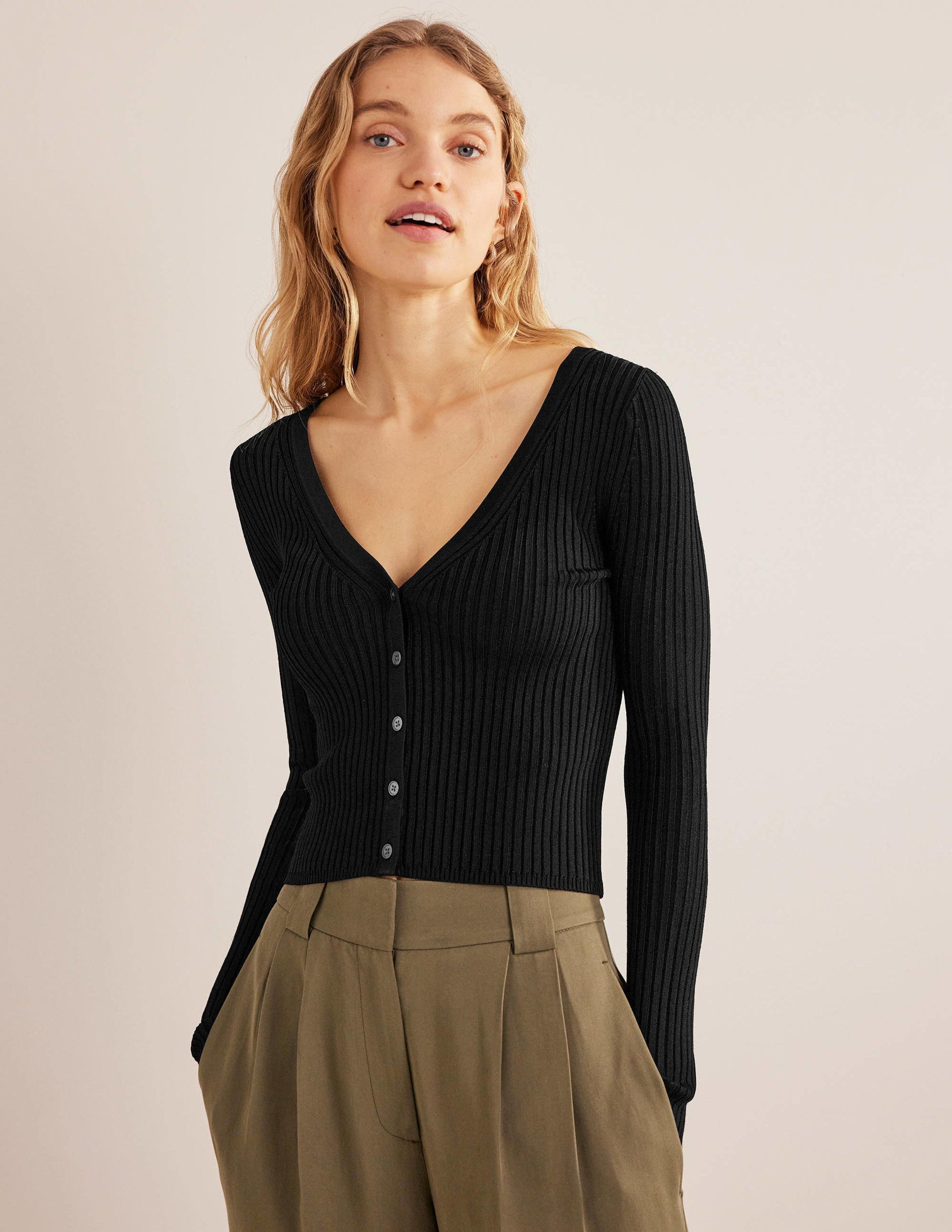 Cardigan côtelé à col large-Noir-4