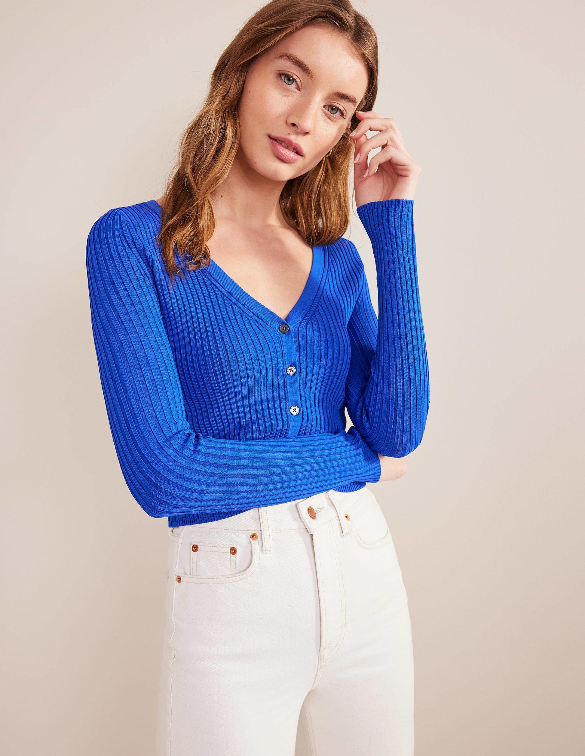 Cropped Wide Neck Rib Cardigan-Blue Heron-1