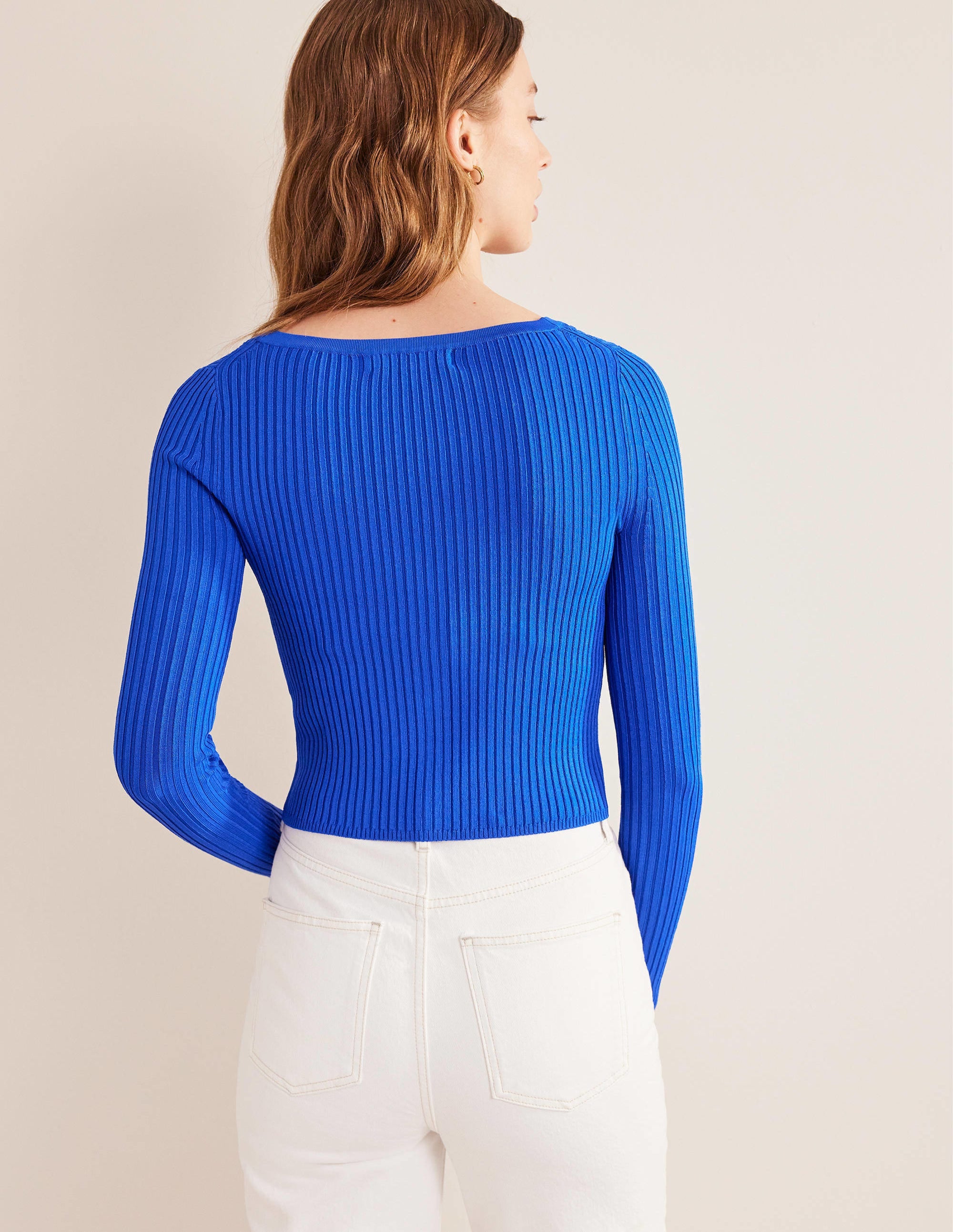 Cropped Wide Neck Rib Cardigan-Blue Heron - Image 3