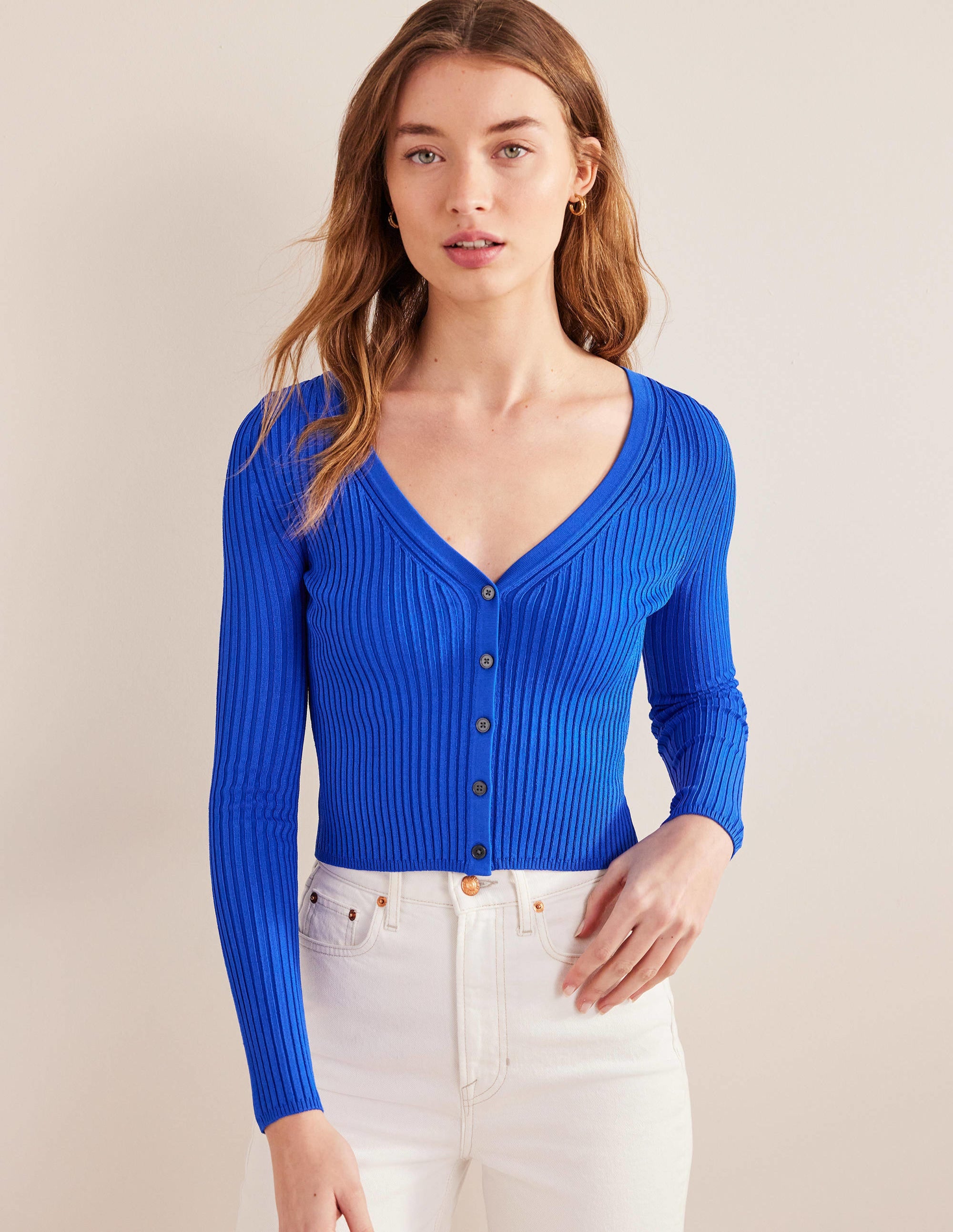 Cropped Wide Neck Rib Cardigan-Blue Heron - Image 4