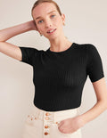 Rippstrick-T-Shirt-Schwarz