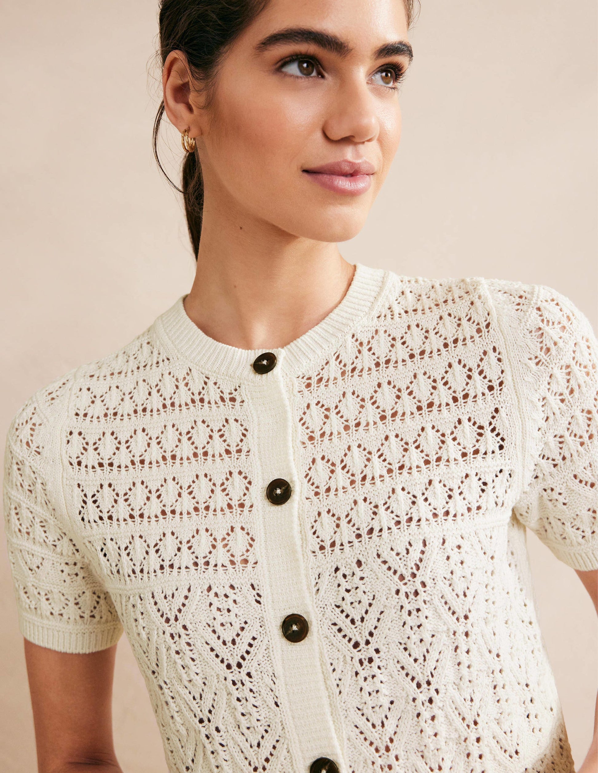 Pointelle-Cardigan mit Rundhalsausschnitt-Warmes Naturweiß-2