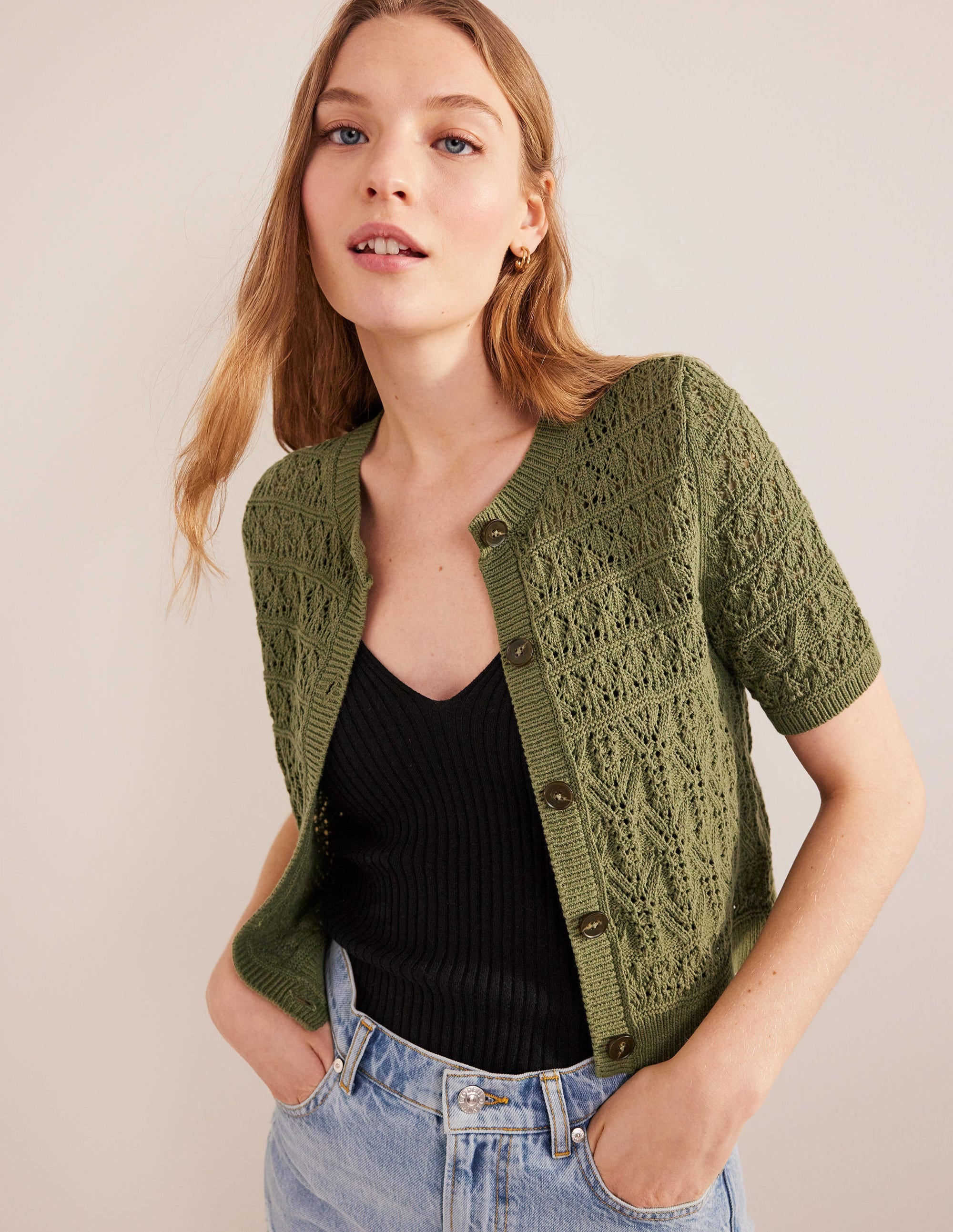 Pointelle-Cardigan mit Rundhalsausschnitt-Fichtengrün - Image 1