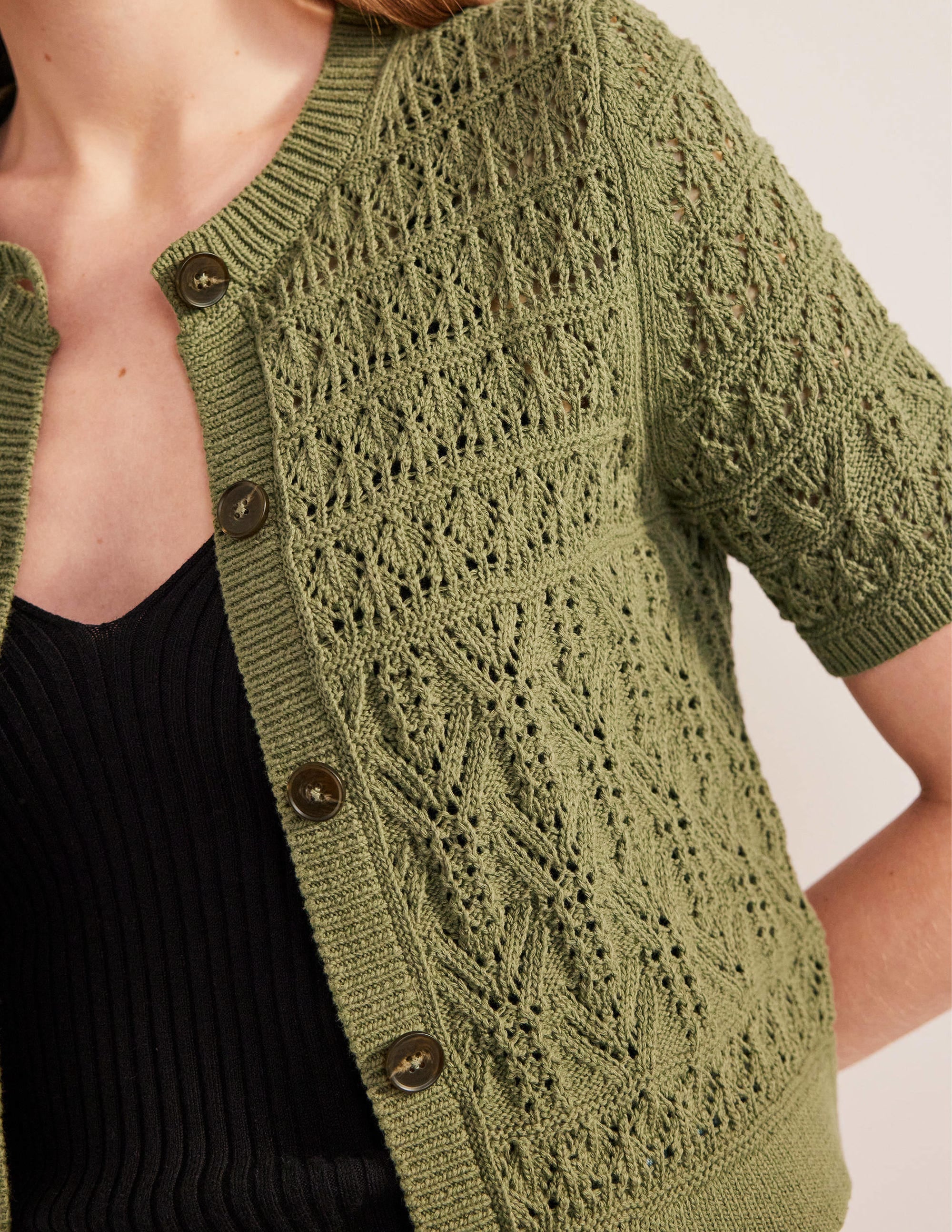 Pointelle-Cardigan mit Rundhalsausschnitt-Fichtengrün - Image 2