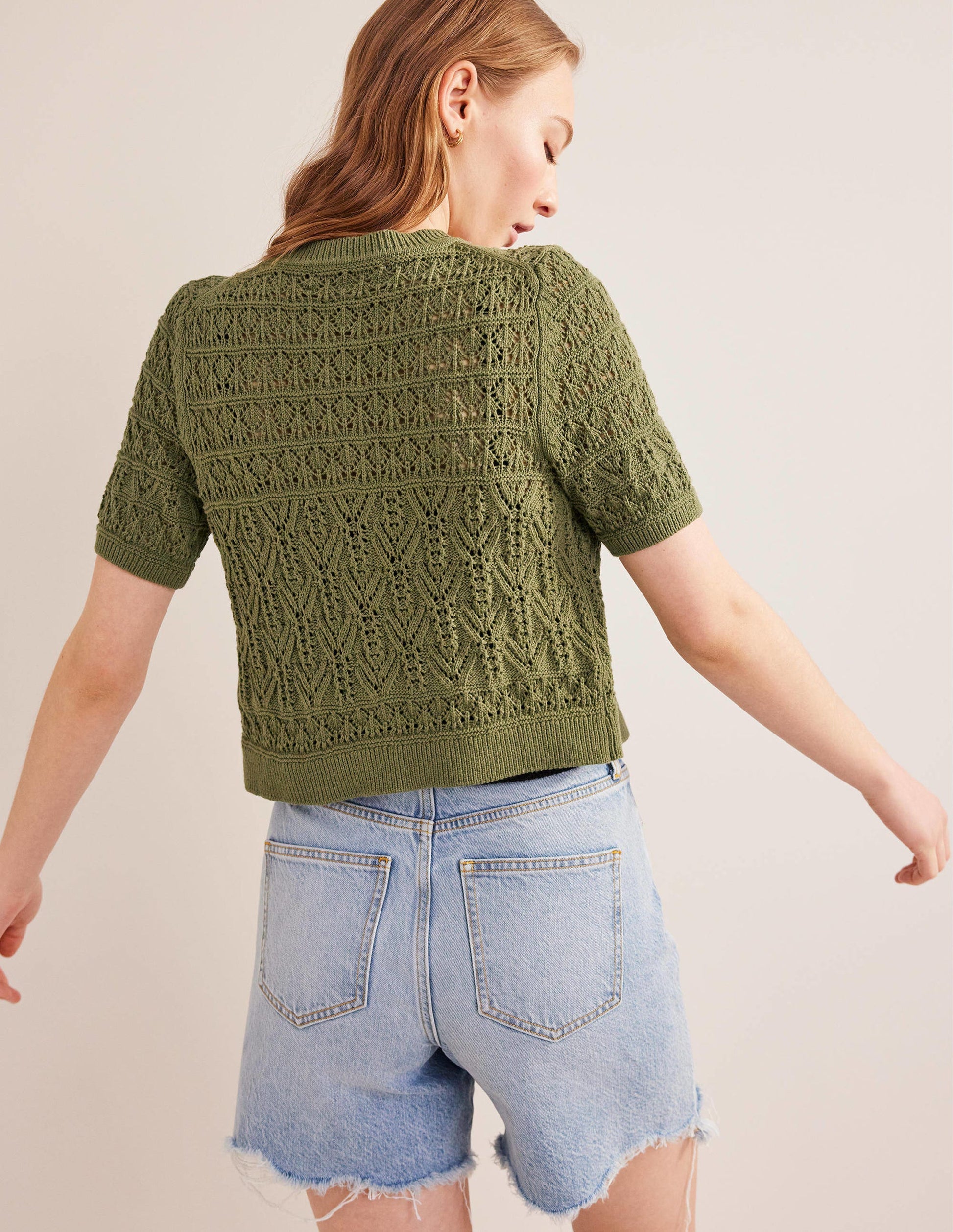 Pointelle-Cardigan mit Rundhalsausschnitt-Fichtengrün-3