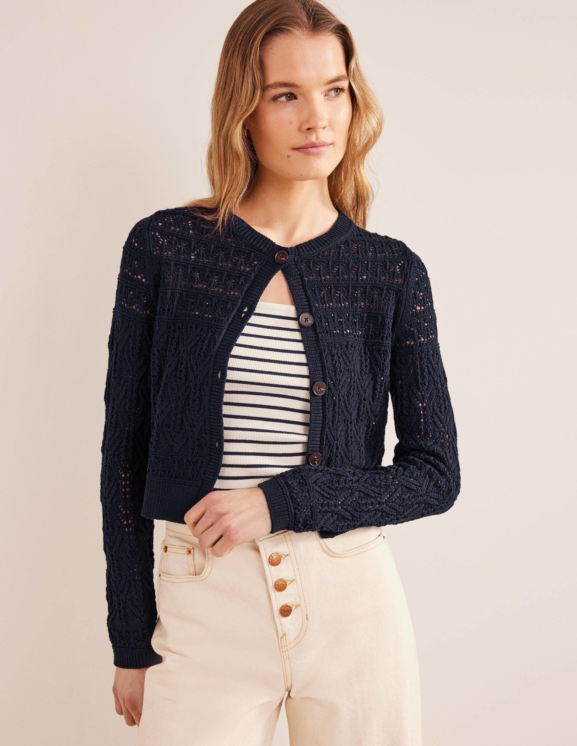 Gilet en coton pointelle-Bleu marine-4