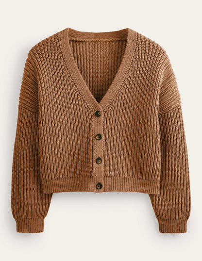 Oversize-Rippstrick-Cardigan-Kamelbraun Melange