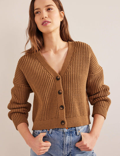 Oversize-Rippstrick-Cardigan-Kamelbraun Melange
