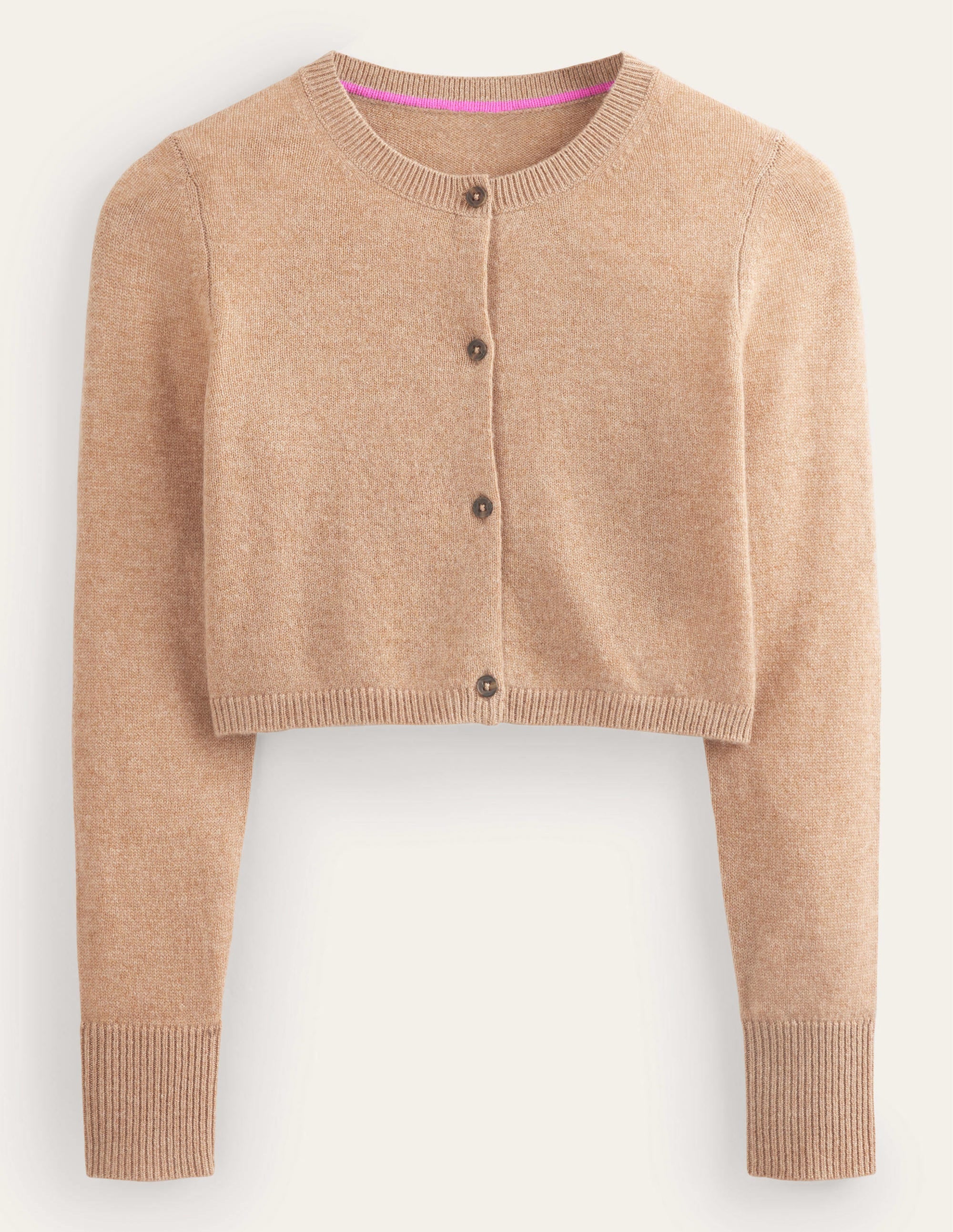 Kurze Strickjacke aus Kaschmir mit Rundhalsausschnitt-Kamelbraun Melange - Image 6