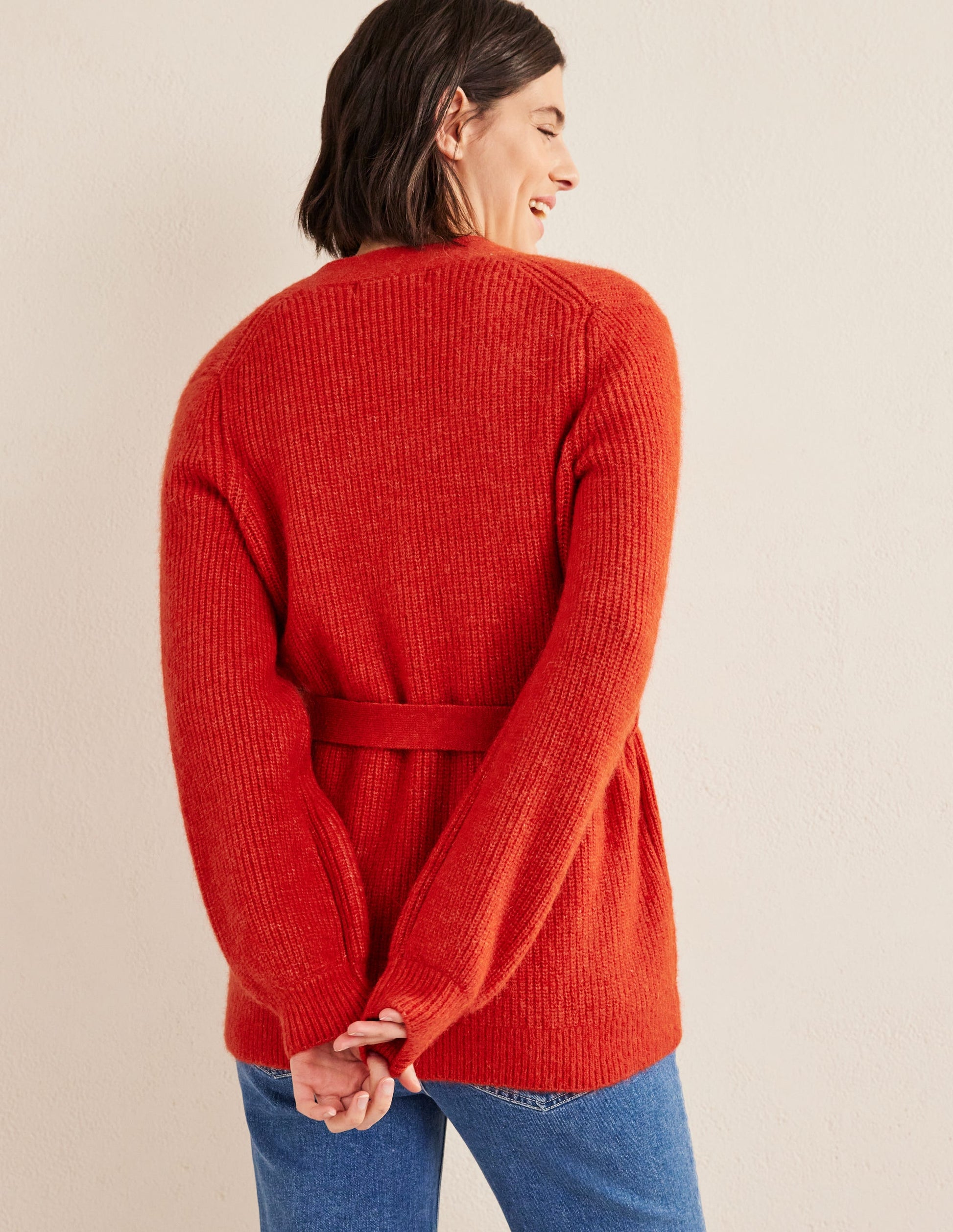 Flauschiger Cardigan mit Gürtel-Tomatenrot-3